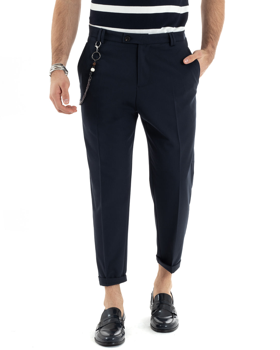 Men's Long Solid Color Blue Viscose Trousers with Elongated Button GIOSAL-P5677A