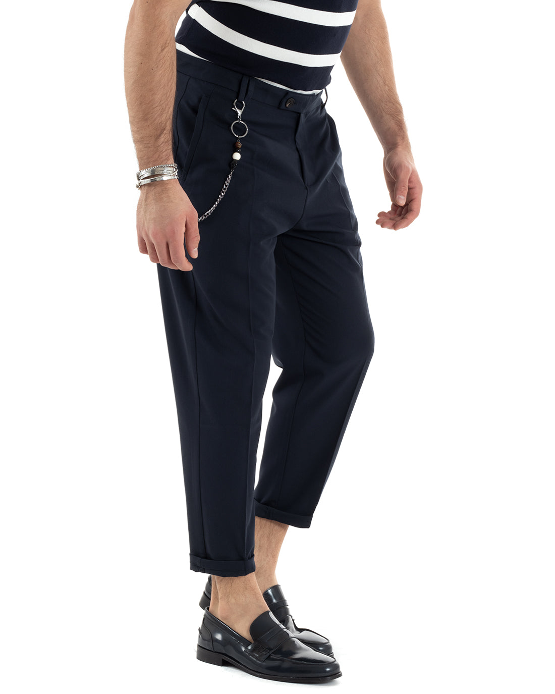 Men's Long Solid Color Blue Viscose Trousers with Elongated Button GIOSAL-P5677A