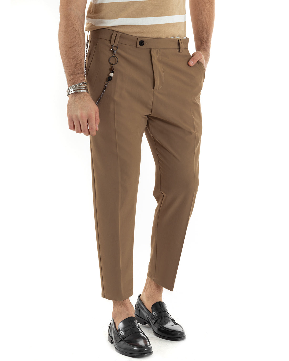 Men's Long Solid Color Black Viscose Trousers with Elongated Button GIOSAL-P5678A