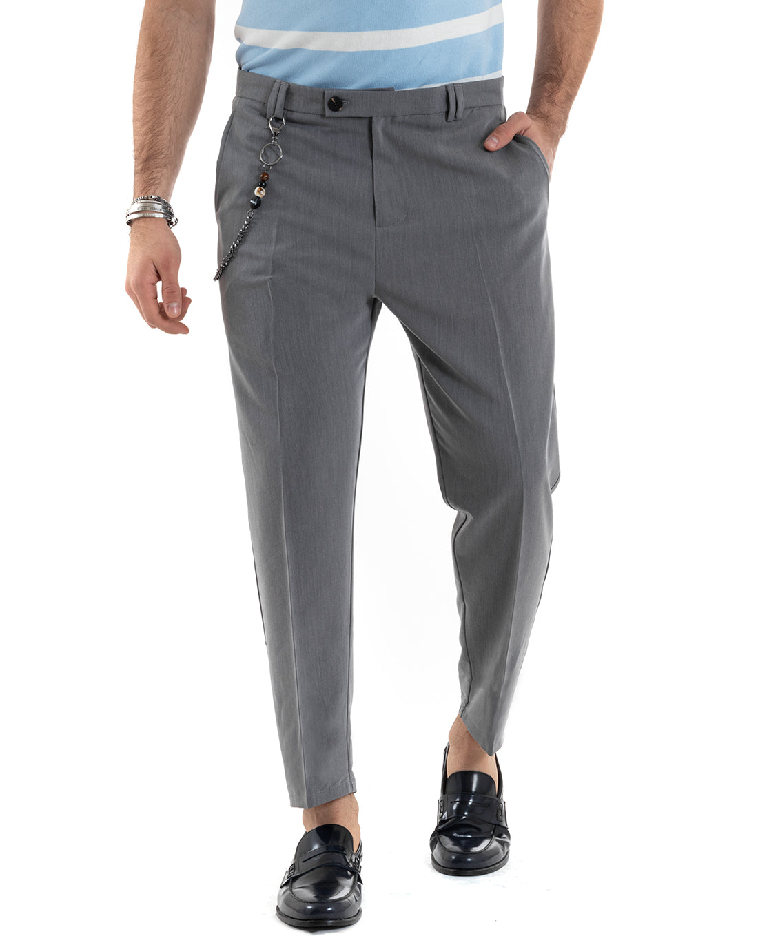 Men's Long Solid Color Black Viscose Trousers with Elongated Button GIOSAL-P5678A