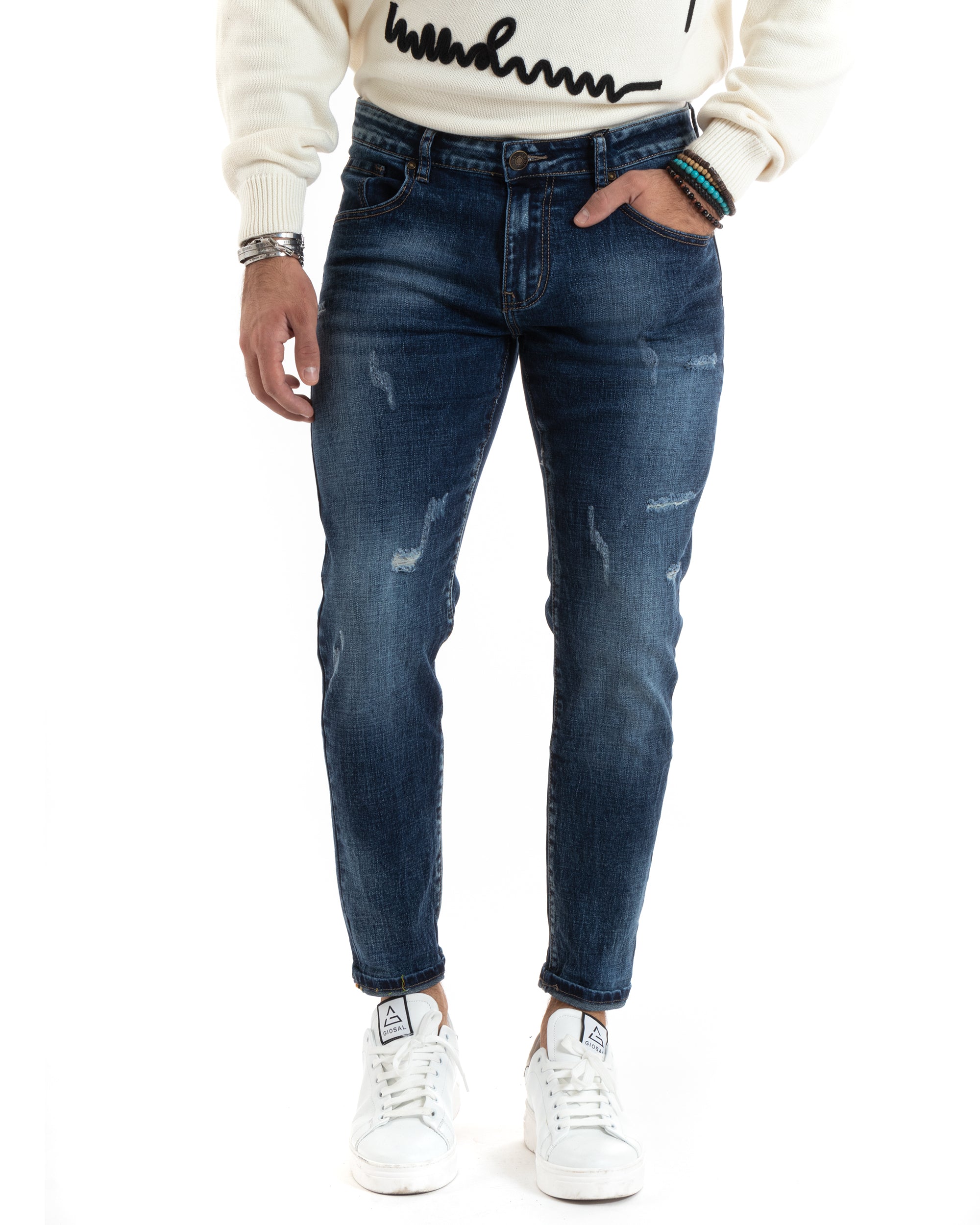 Pantaloni Uomo Jeans Cinque Tasche Slim Fit Capri Denim Con Rotture Stone Washed GIOSAL-P5982A