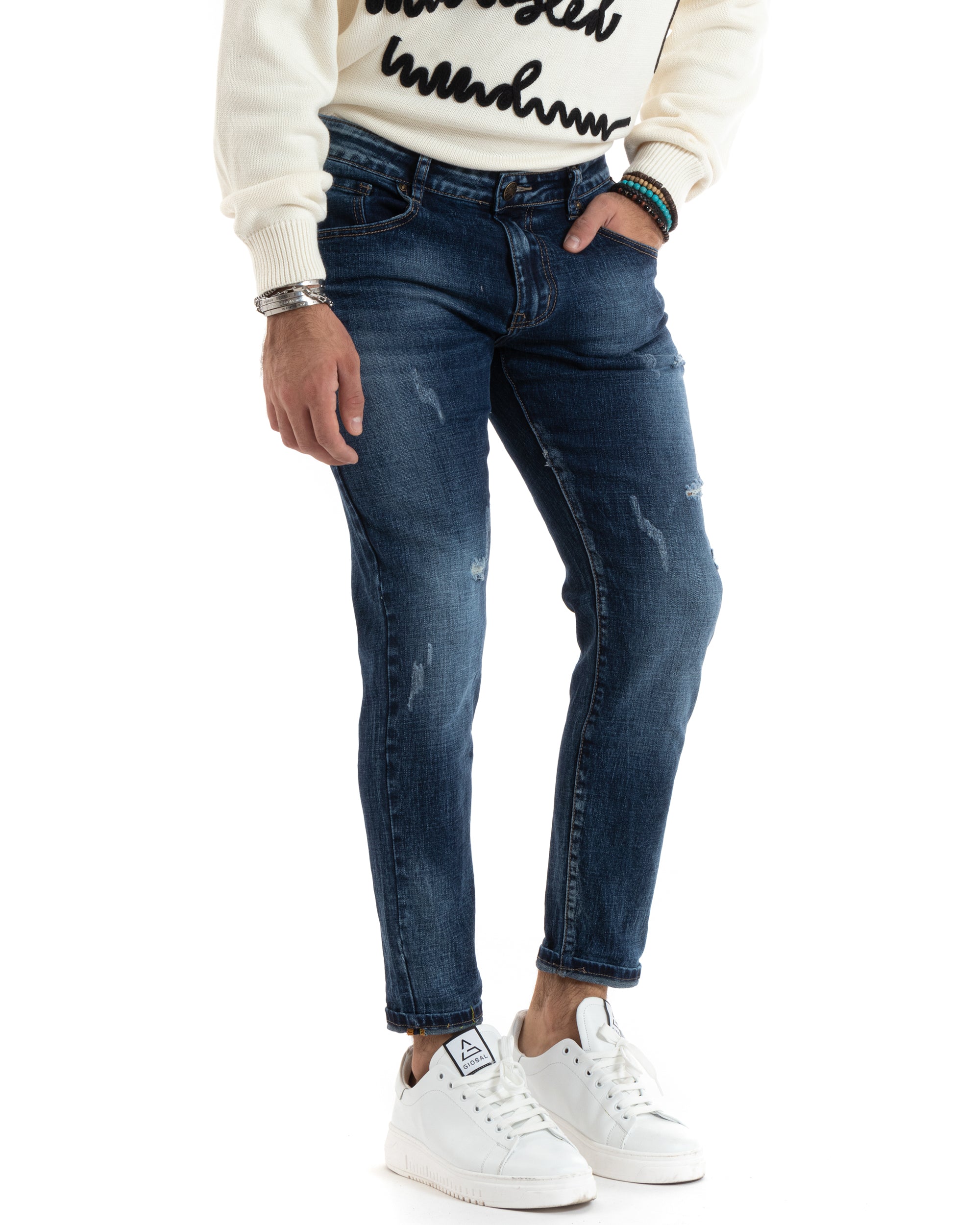 Pantaloni Uomo Jeans Cinque Tasche Slim Fit Capri Denim Con Rotture Stone Washed GIOSAL-P5982A