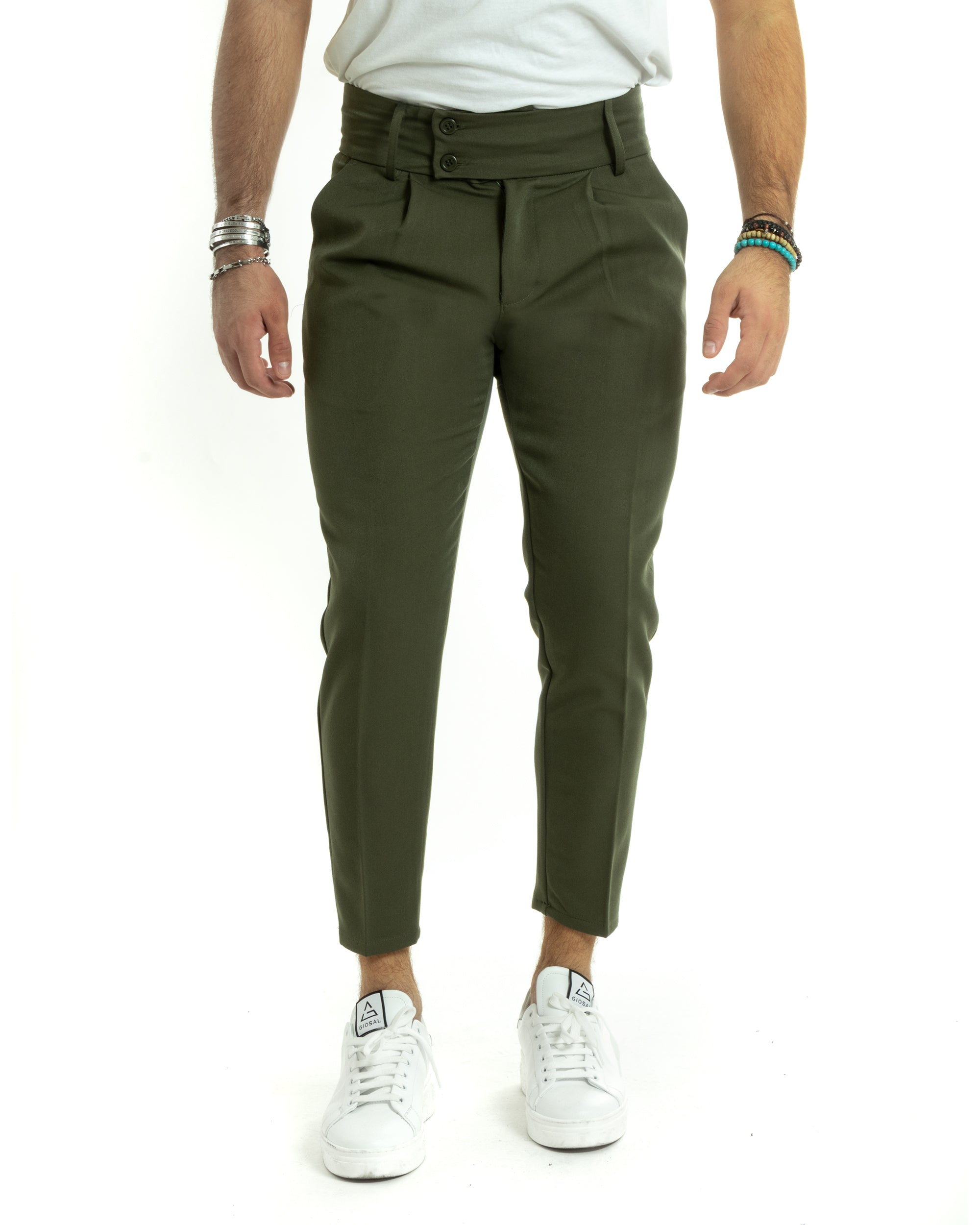 Pantaloni Uomo Viscosa Tasca America Vita Alta Classico Pinces Abbottonatura Allungata Casual Verde Militare GIOSAL-P5986A