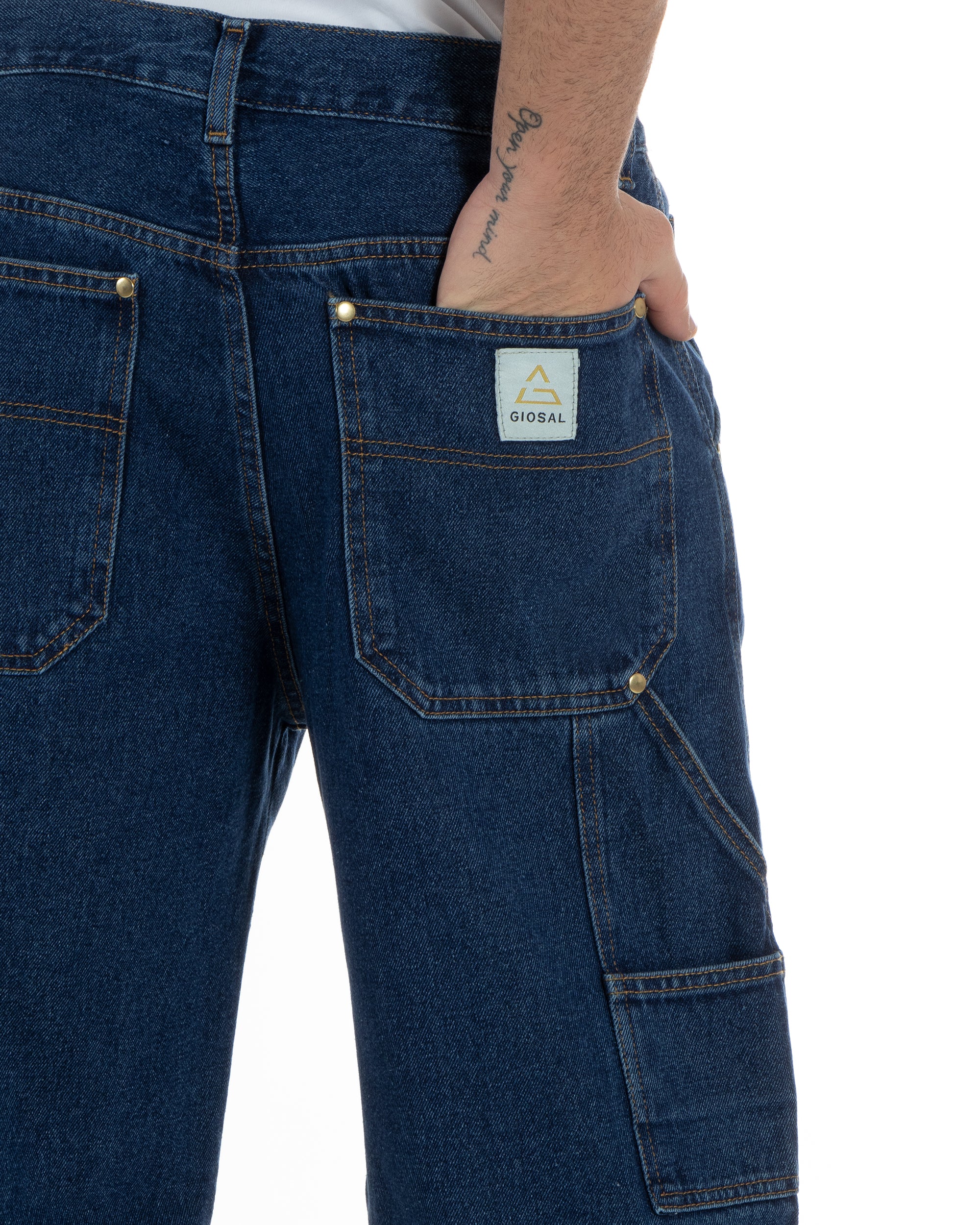 Pantaloni Jeans Uomo Baggy Fit Carpenter Worker Cargo Denim Scuro GIOSAL-P5988A