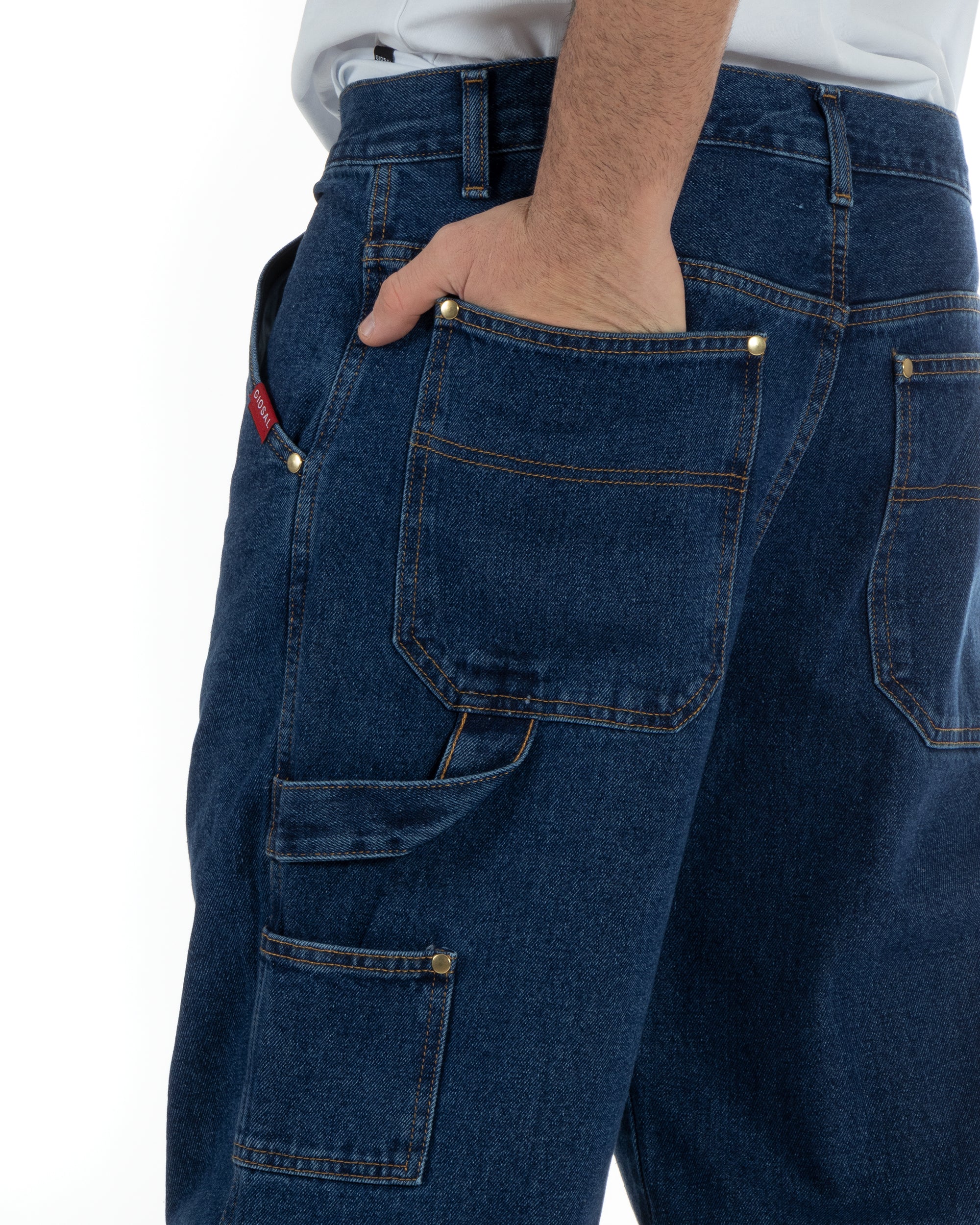 Pantaloni Jeans Uomo Baggy Fit Carpenter Worker Cargo Denim Scuro GIOSAL-P5988A