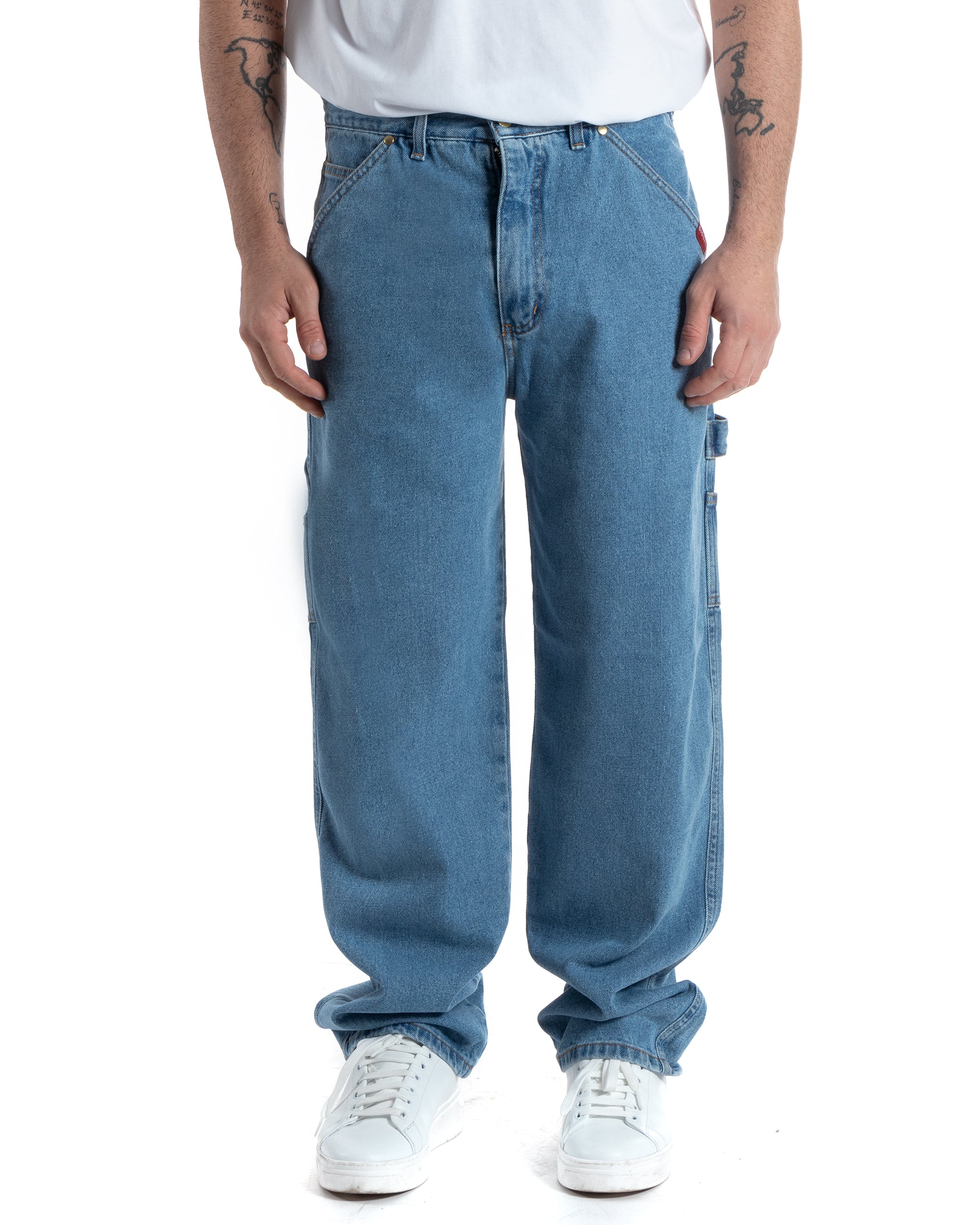Pantaloni Jeans Uomo Baggy Fit Carpenter Worker Cargo Con Ricamo Denim Chiaro GIOSAL-P5991A