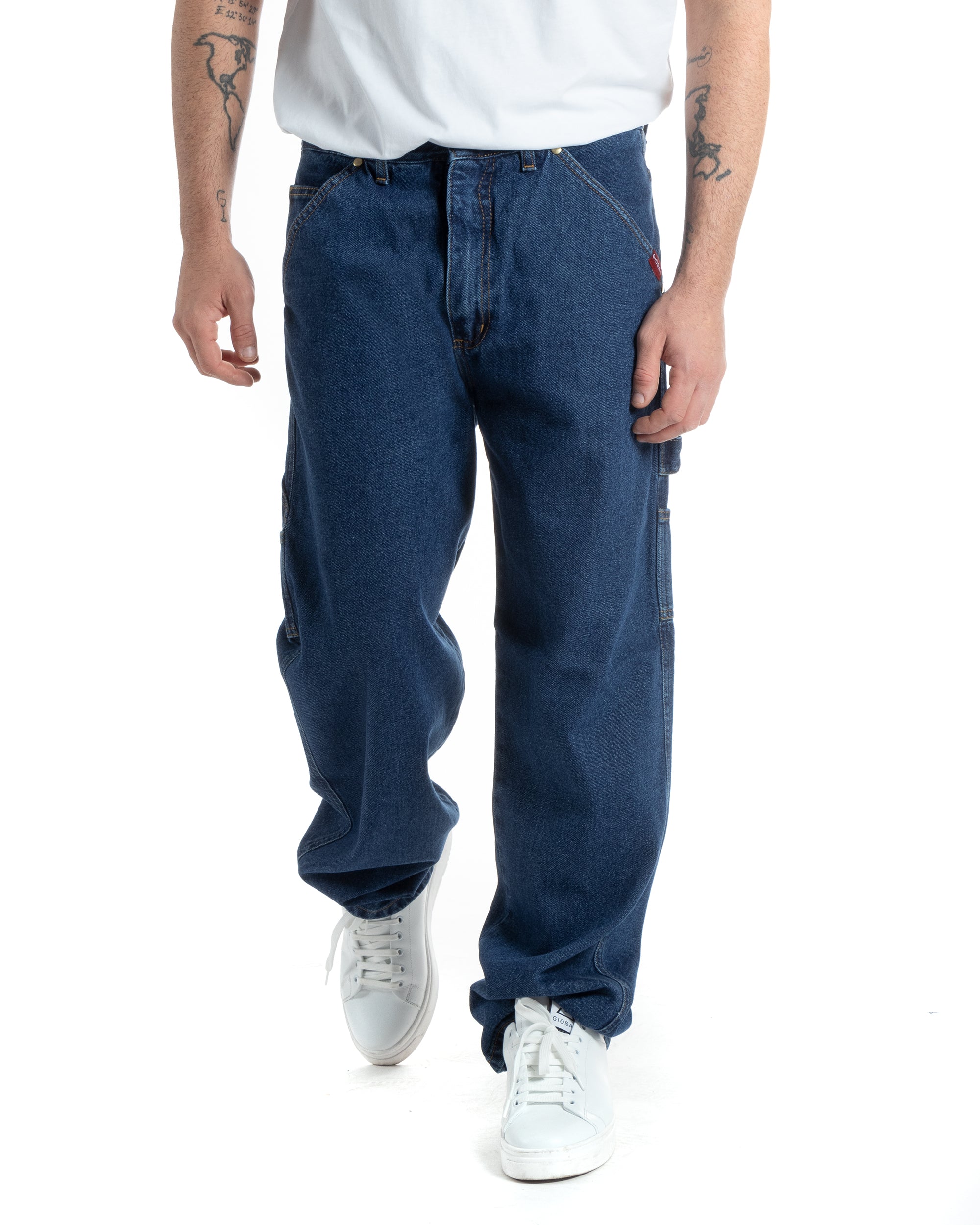 Pantaloni Jeans Uomo Baggy Fit Carpenter Worker Cargo Con Ricamo Denim Scuro GIOSAL-P5992A