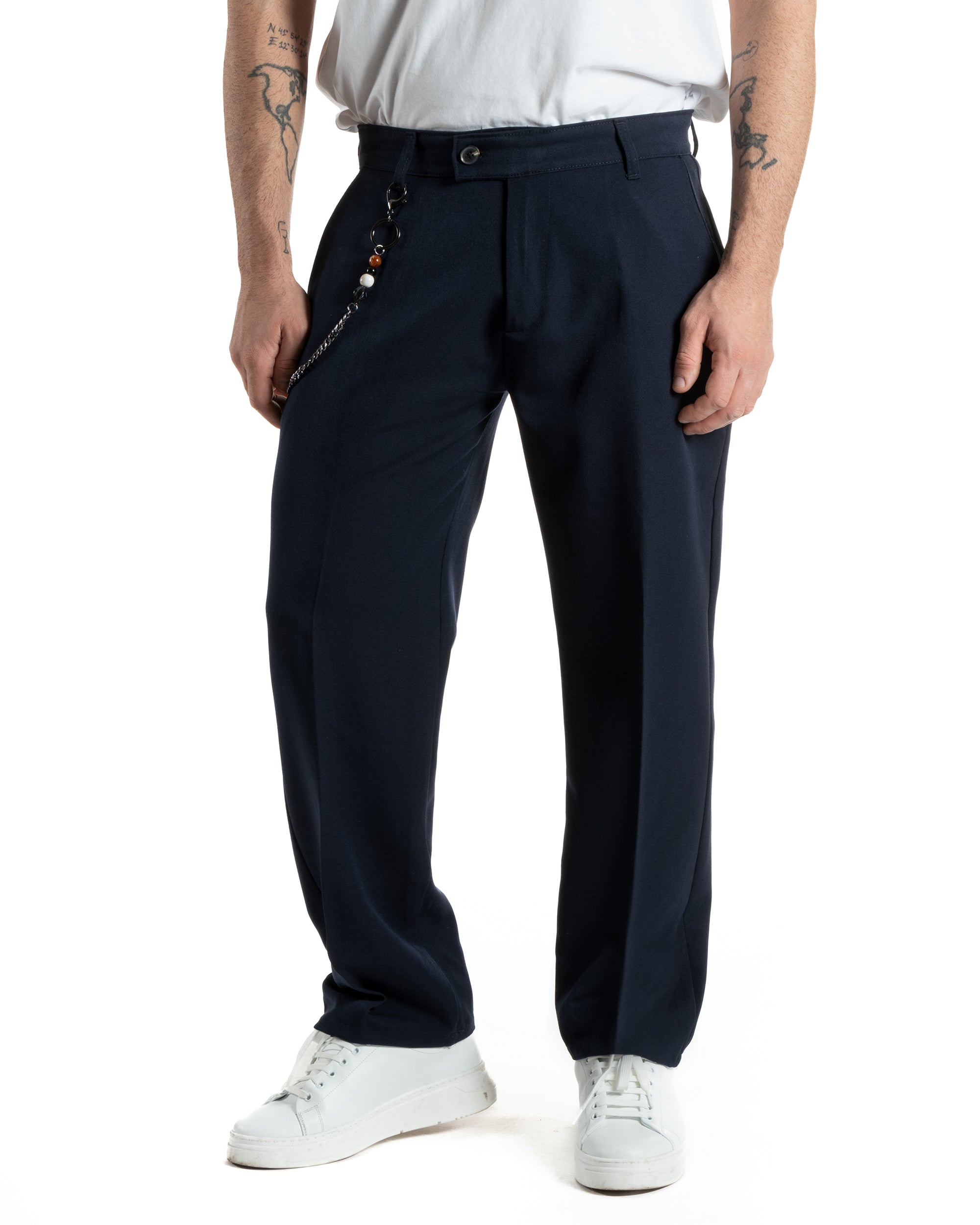 Classic Men's Trousers Elongated Button Viscose Casual Solid Color Blue GIOSAL-P5657A