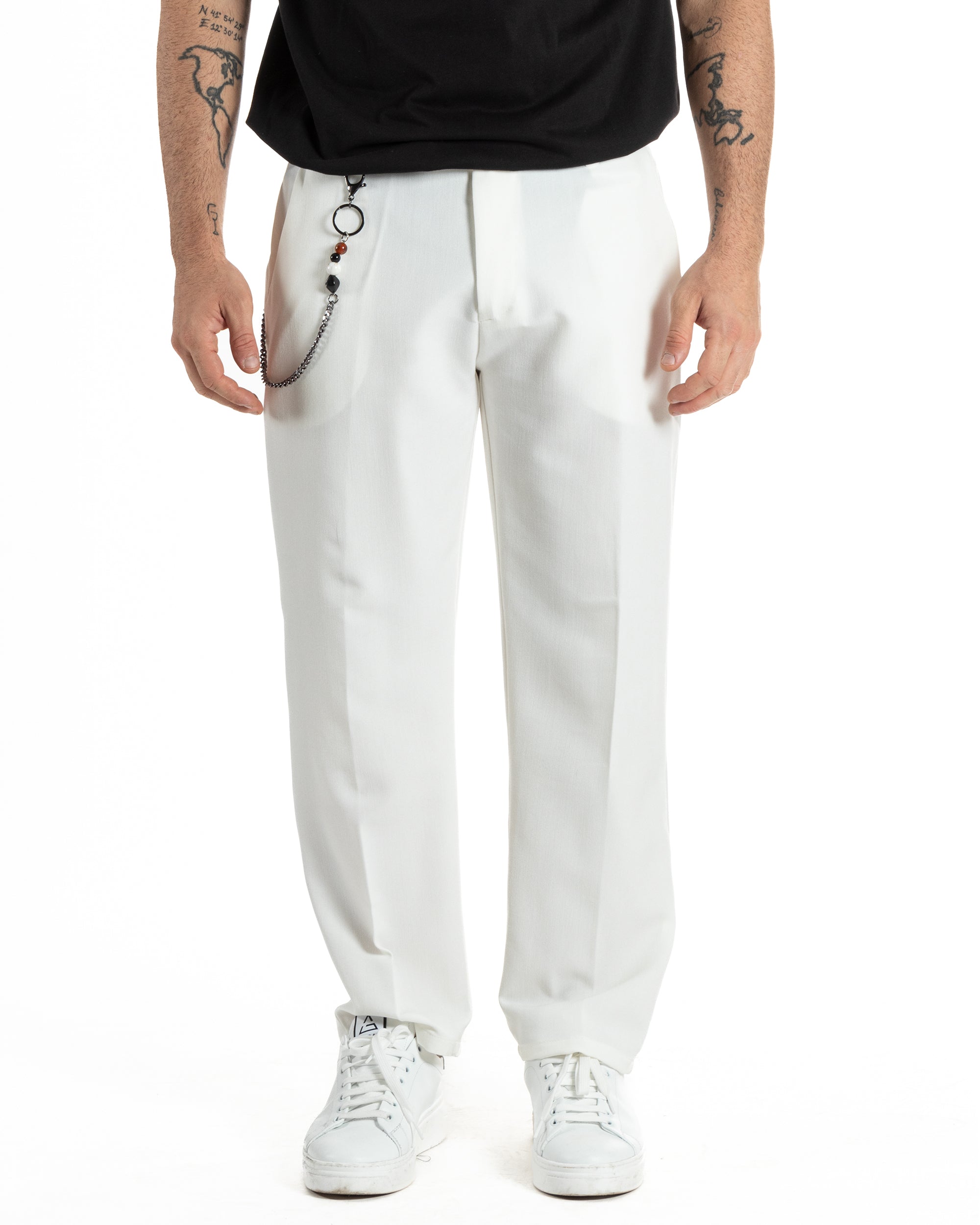 Pantaloni Uomo Viscosa Baggy Fondo Largo Tasca America Abbottonatura Allungata Casual Bianco GIOSAL-P6000A