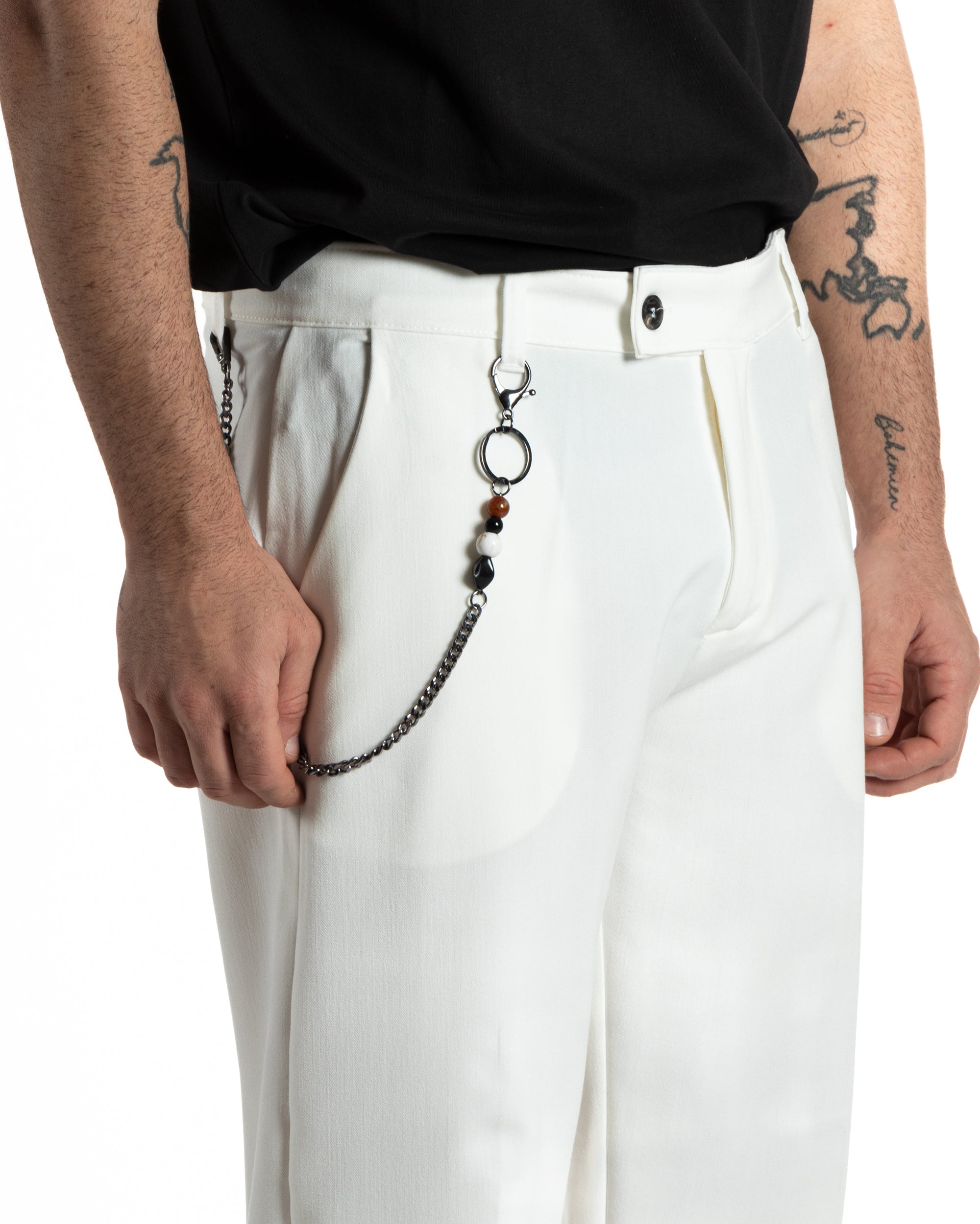 Pantaloni Uomo Viscosa Baggy Fondo Largo Tasca America Abbottonatura Allungata Casual Bianco GIOSAL-P6000A