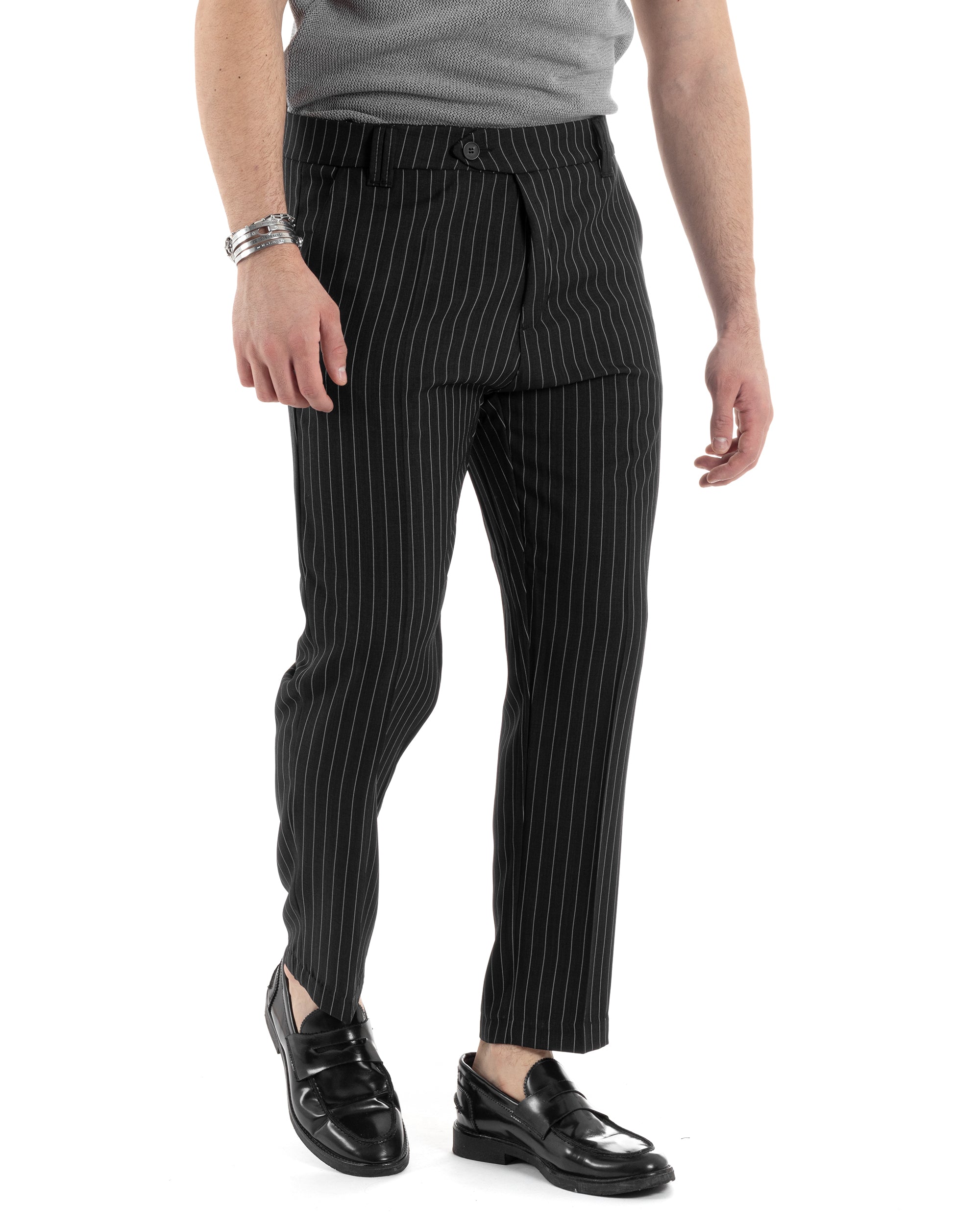 Pantaloni Uomo Gessati Viscosa Tasca America Rigato Classico Abbottonatura Allungata Casual Nero GIOSAL-P6034A