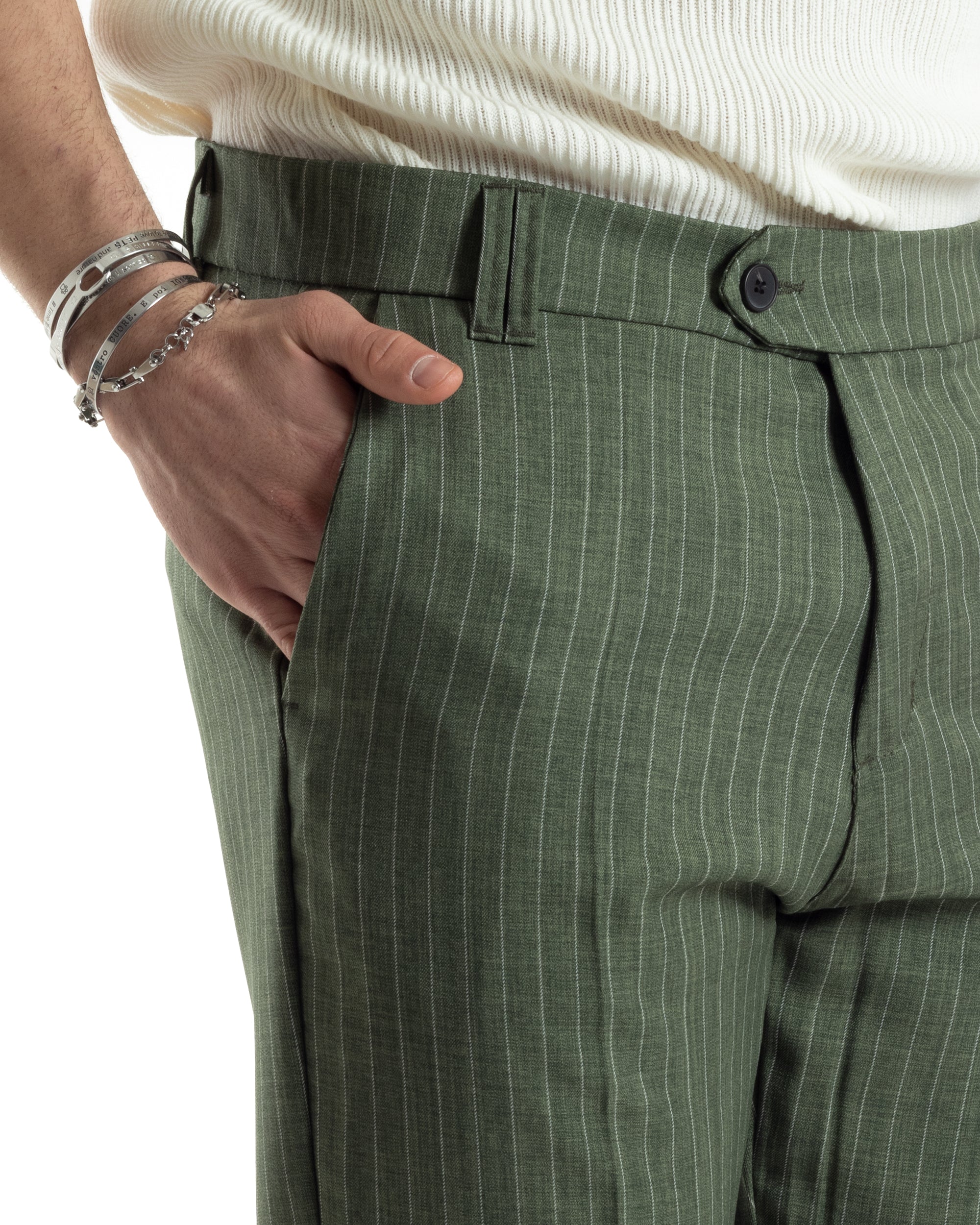 Pantaloni Uomo Gessati Viscosa Tasca America Rigato Classico Abbottonatura Allungata Casual Verde GIOSAL-P6037A