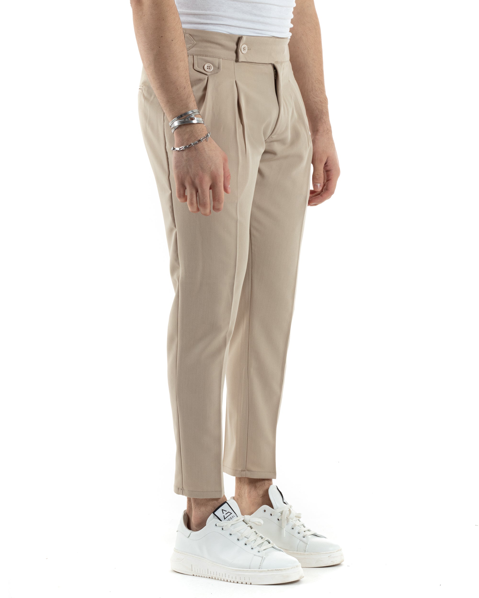 Pantaloni Uomo Tasca America Vita Alta Classico Pinces Abbottonatura Allungata Fibbia Casual Beige GIOSAL-P6041A