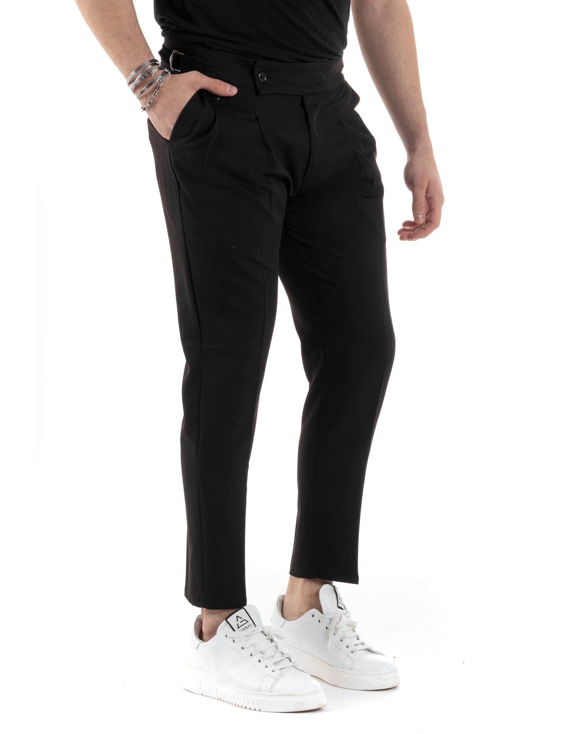 Pantaloni Uomo Tasca America Vita Alta Classico Pinces Abbottonatura Allungata Fibbia Casual Nero GIOSAL-P6042A
