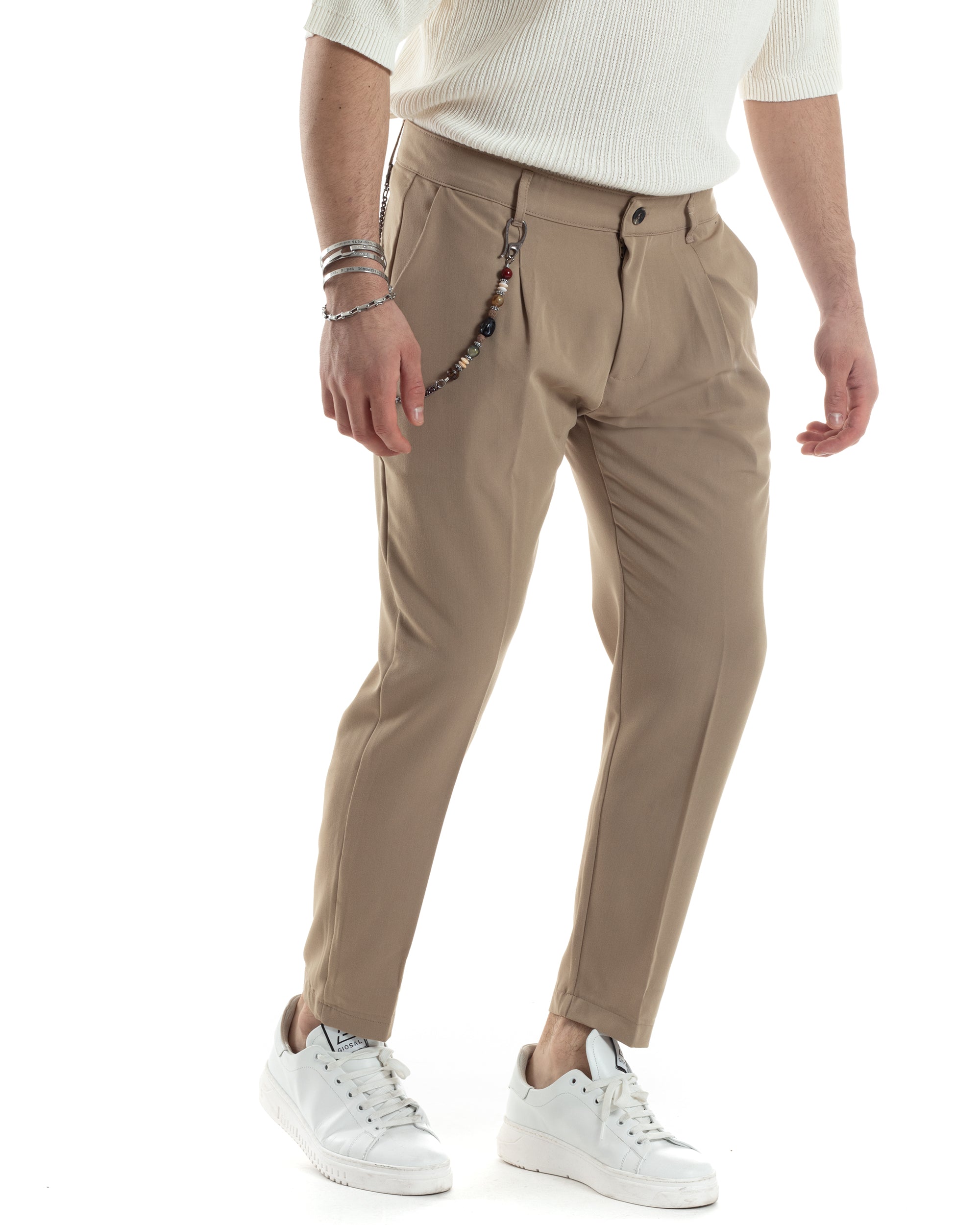 Pantaloni Uomo Tasca America Viscosa Beige Capri Casual Classico Pinces GIOSAL-P6046A