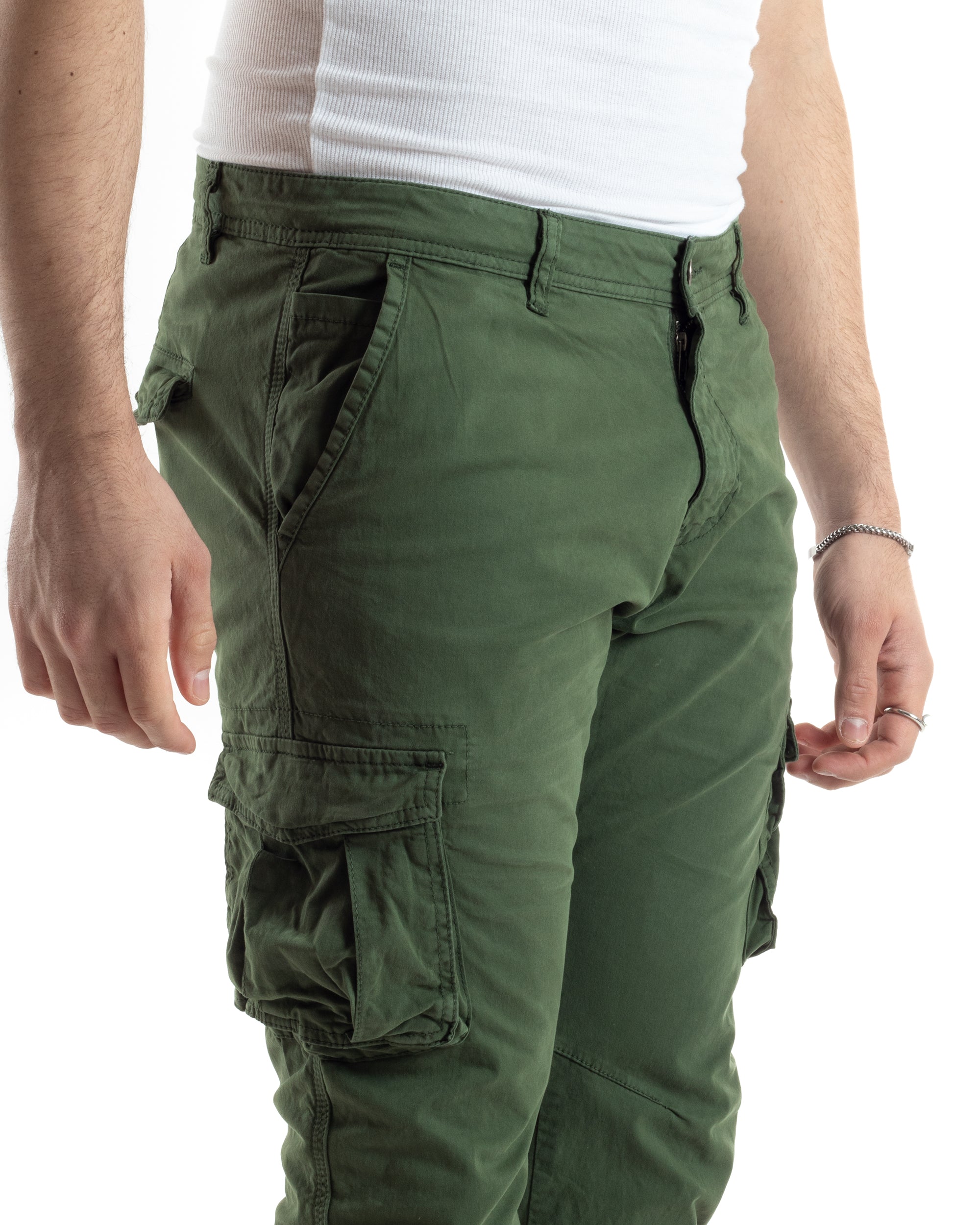 Pantaloni Uomo Cargo Cotone Regular Fit Con Tasconi E Zip Multitasche Elastico Al Fondo Casual Verde GIOSAL-P6054A