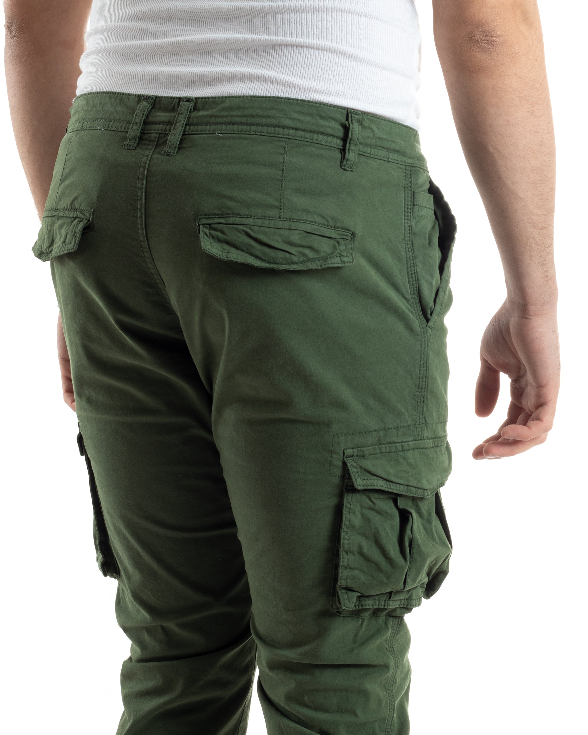 Pantaloni Uomo Cargo Cotone Regular Fit Con Tasconi E Zip Multitasche Elastico Al Fondo Casual Verde GIOSAL-P6054A