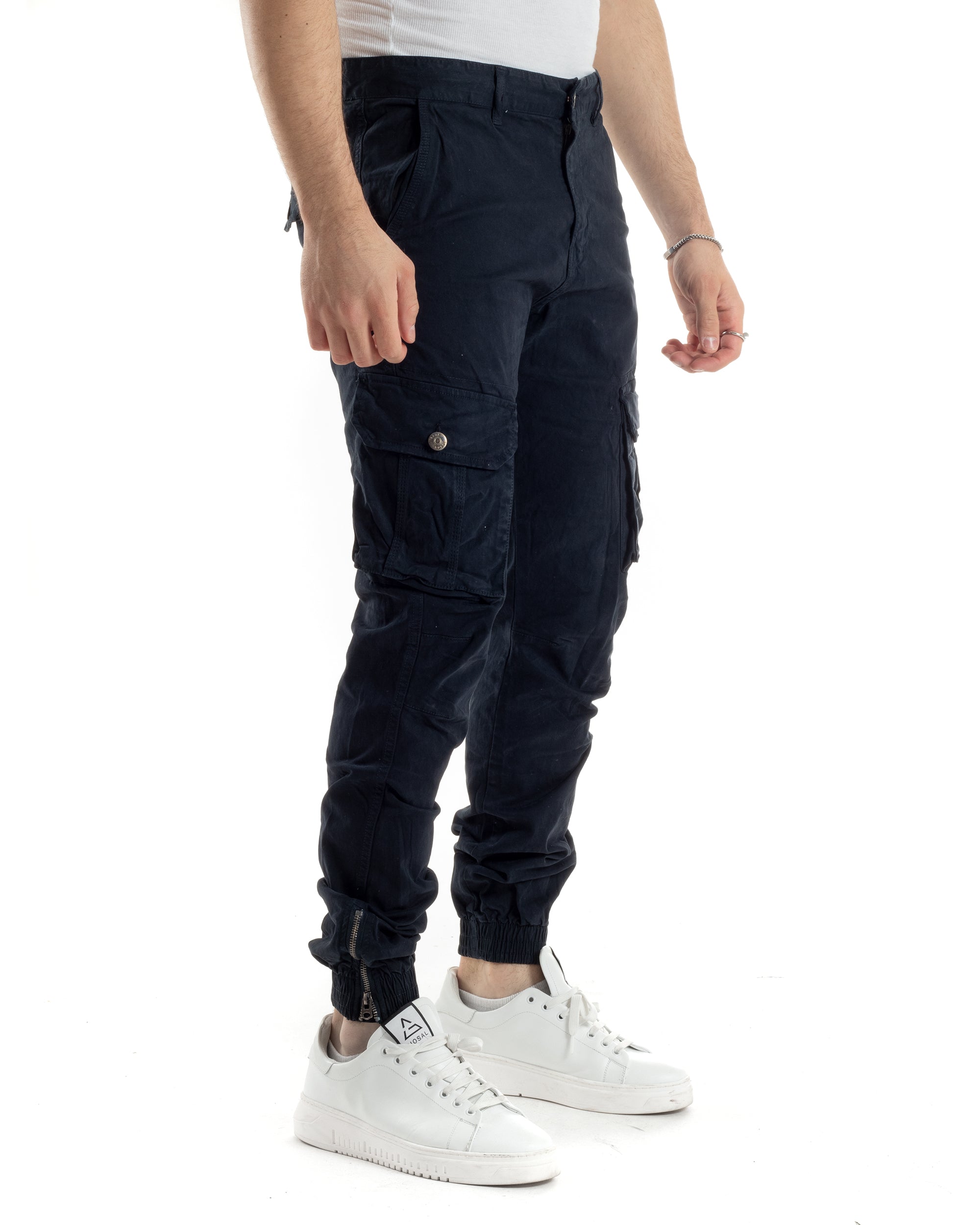 Pantaloni Uomo Cargo Cotone Regular Fit Con Tasconi E Zip Multitasche Elastico Al Fondo Casual Blu GIOSAL-P6056A