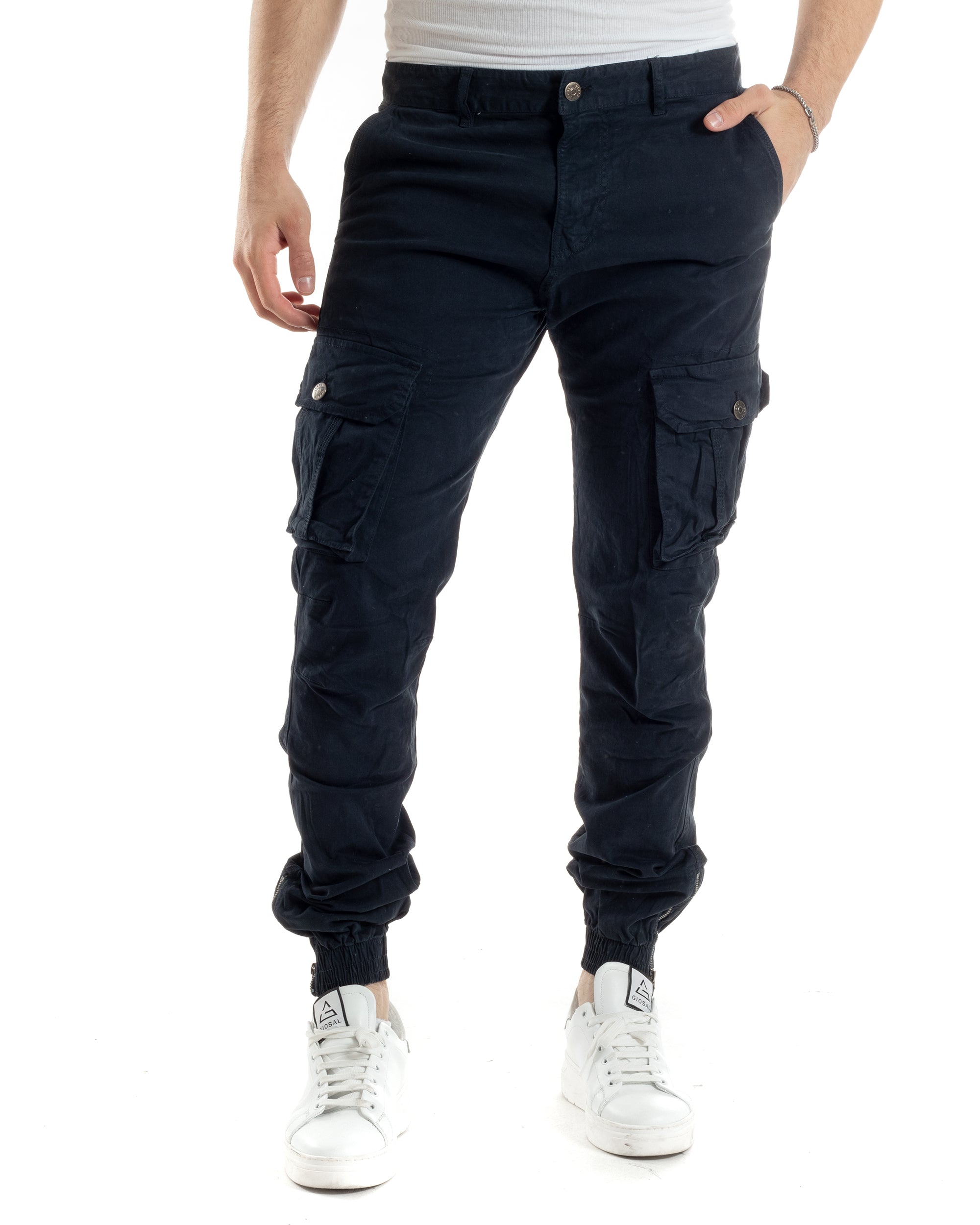 Pantaloni Uomo Cargo Cotone Regular Fit Con Tasconi E Zip Multitasche Elastico Al Fondo Casual Blu GIOSAL-P6056A