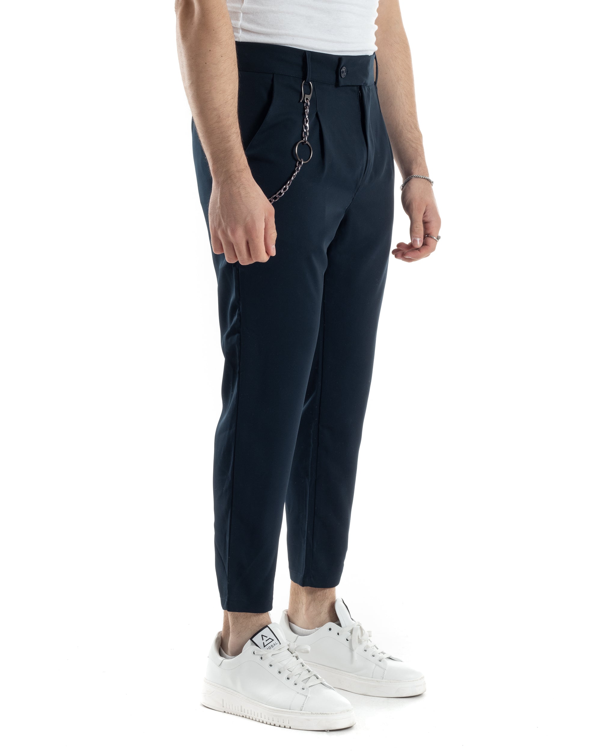 Men's Long Solid Color Viscose Blue Casual Elongated Button Trousers GIOSAL