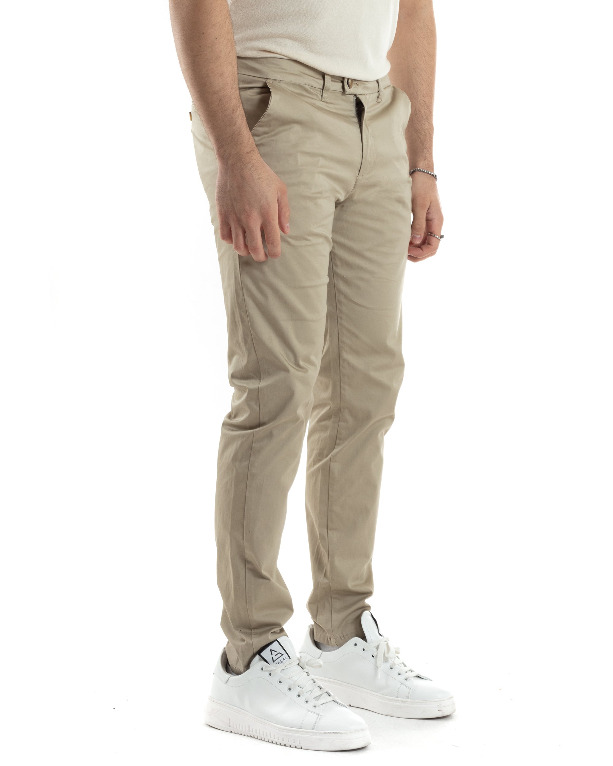 Pantaloni Uomo Cotone Raso Tasca America Slim Fit Abbottonatura Allungata Tinta Unita Beige GIOSAL-P6060A