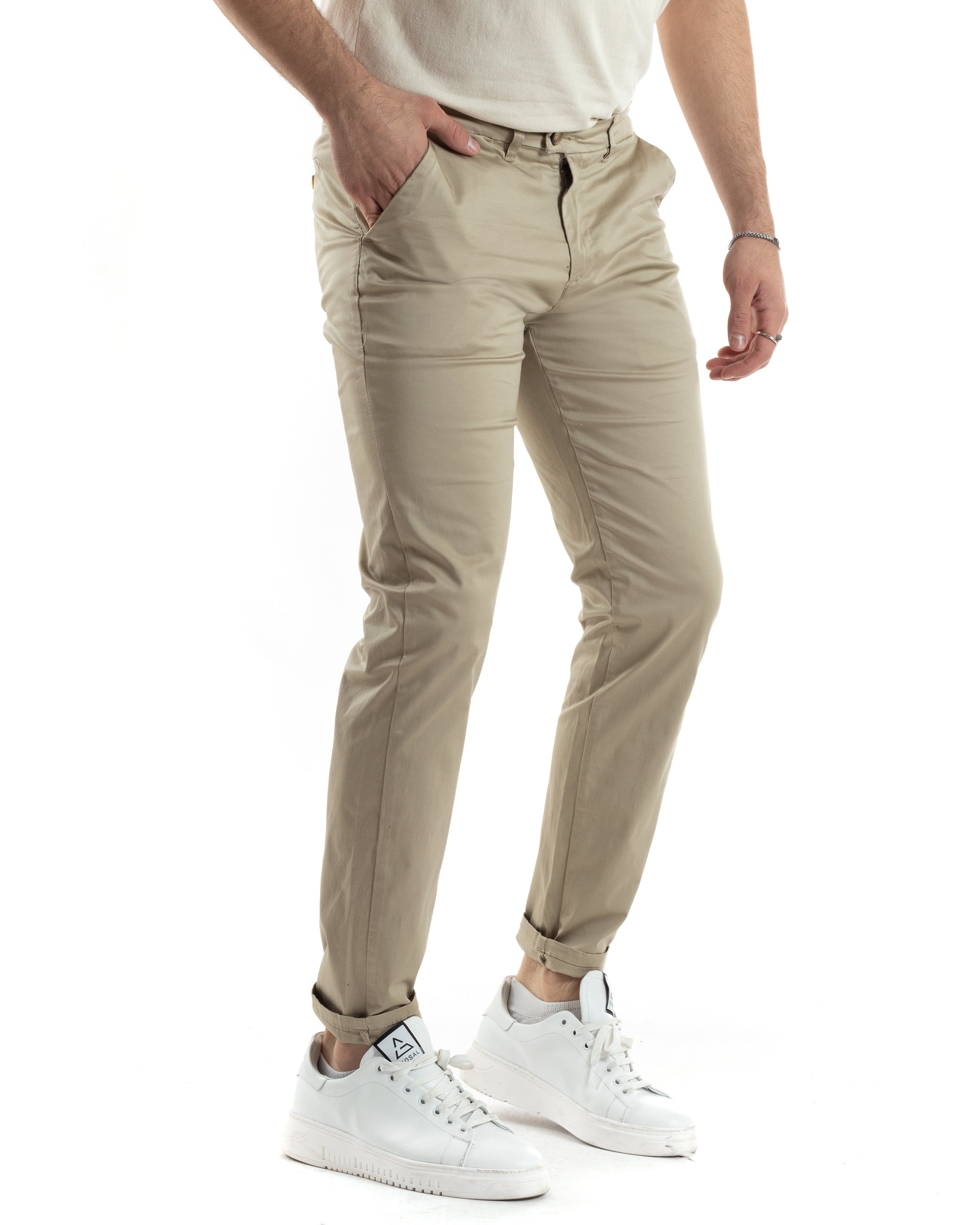 Pantaloni Uomo Cotone Raso Tasca America Slim Fit Abbottonatura Allungata Tinta Unita Beige GIOSAL-P6060A
