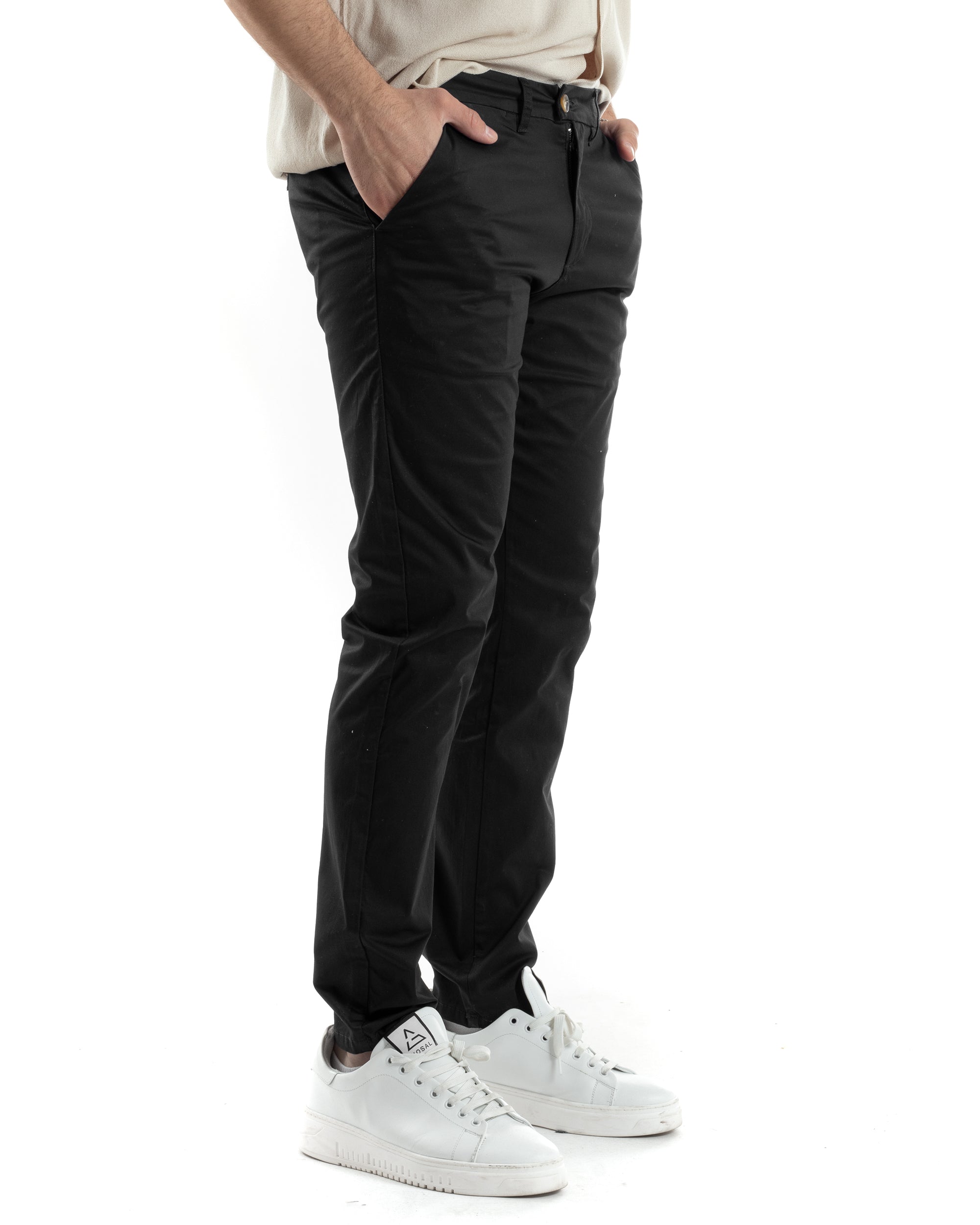 Pantaloni Uomo Cotone Raso Tasca America Slim Fit Abbottonatura Allungata Tinta Unita Nero GIOSAL-P6061A
