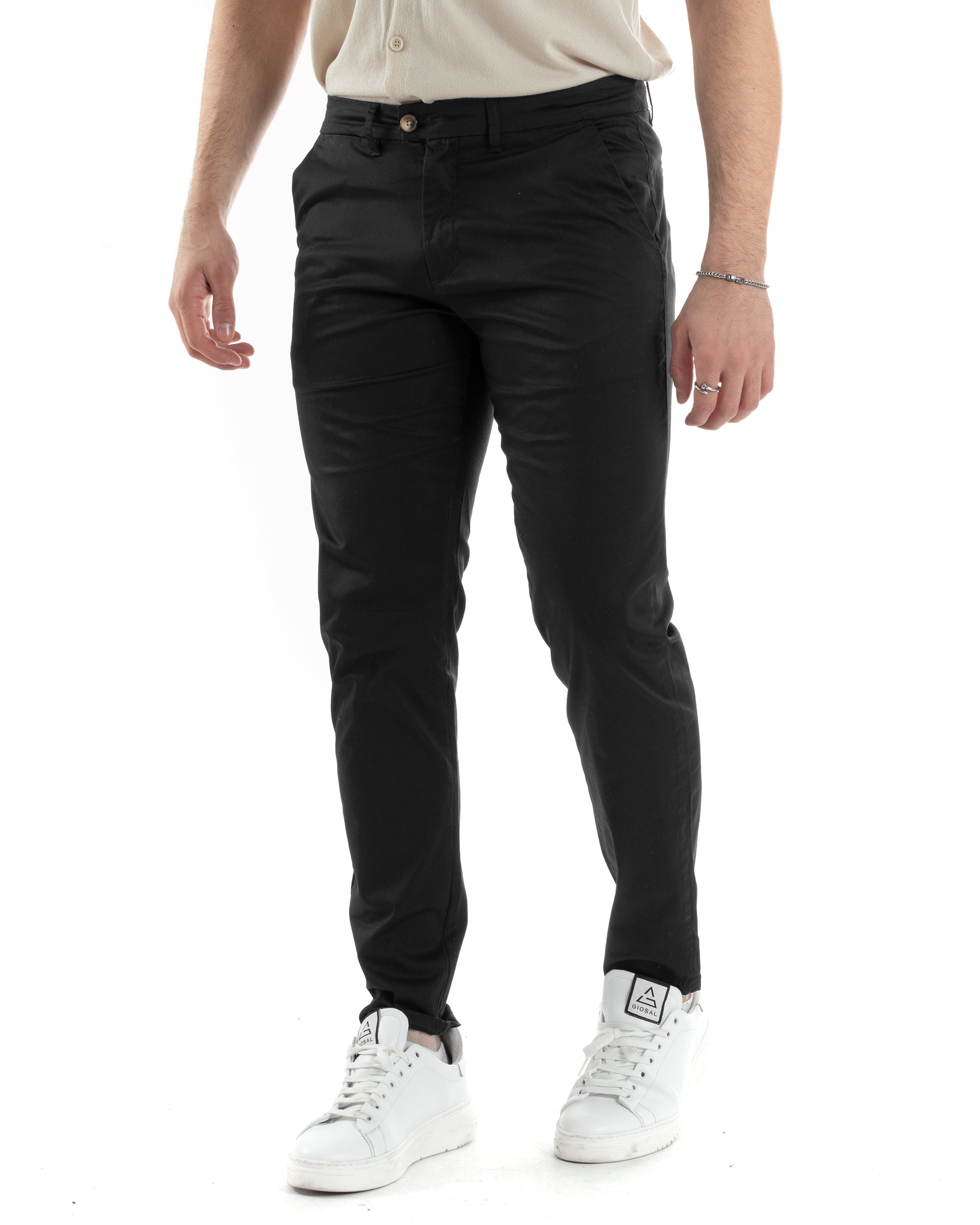 Pantaloni Uomo Cotone Raso Tasca America Slim Fit Abbottonatura Allungata Tinta Unita Nero GIOSAL-P6061A