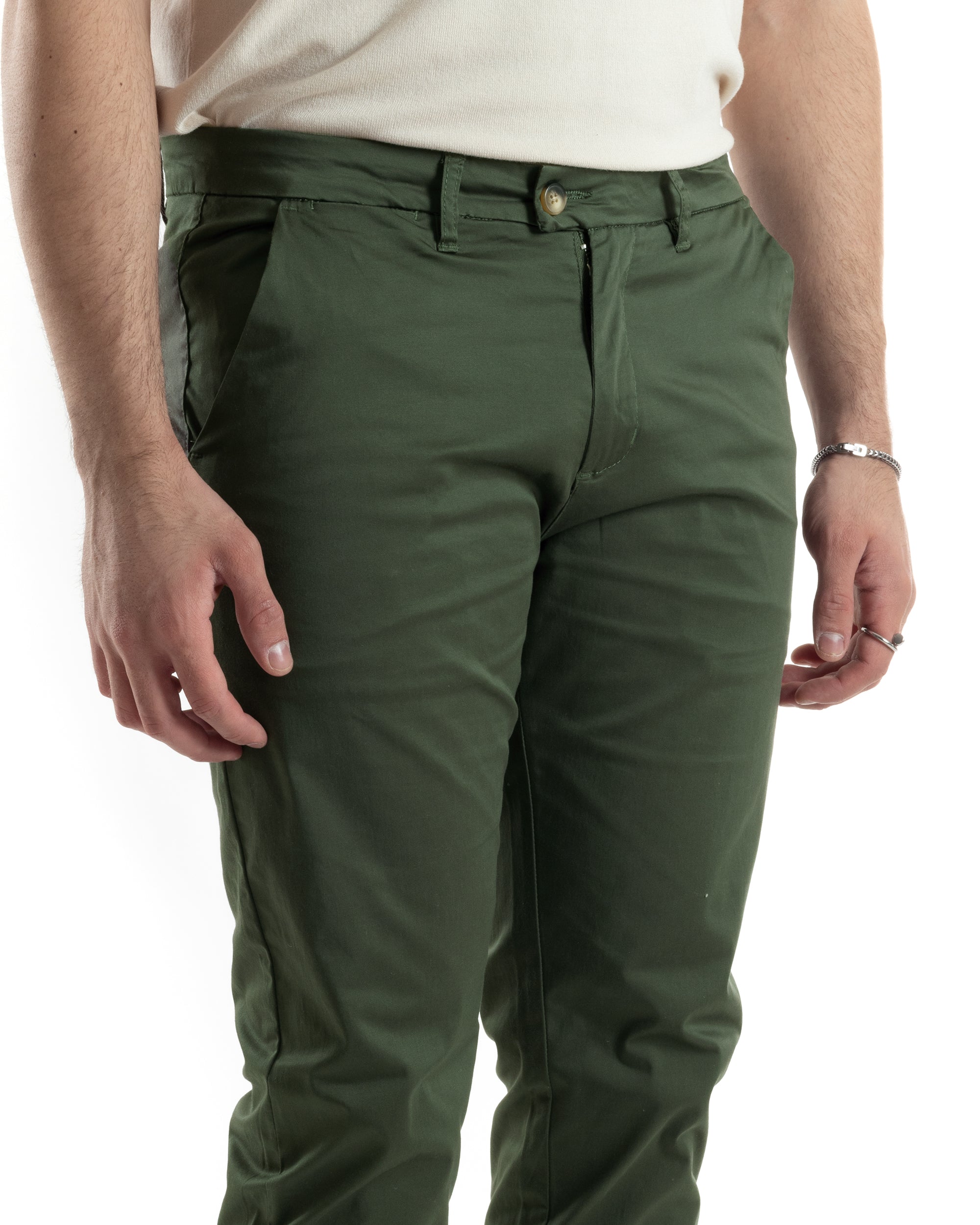 Pantaloni Uomo Cotone Raso Tasca America Slim Fit Abbottonatura Allungata Tinta Unita Verde GIOSAL-P6062A