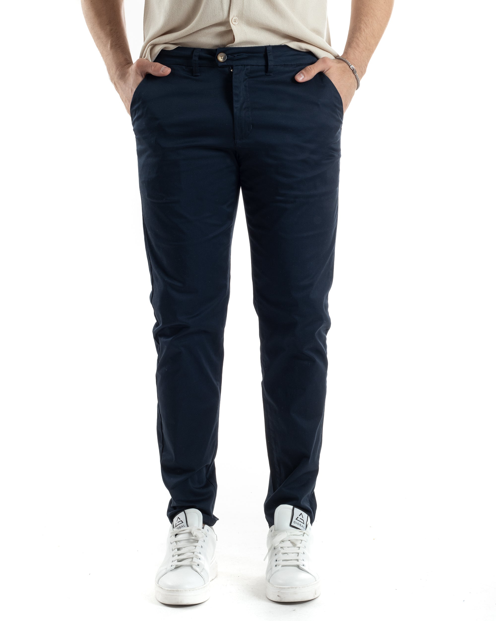 Pantaloni Uomo Cotone Raso Tasca America Slim Fit Abbottonatura Allungata Tinta Unita Blu GIOSAL-P6063A