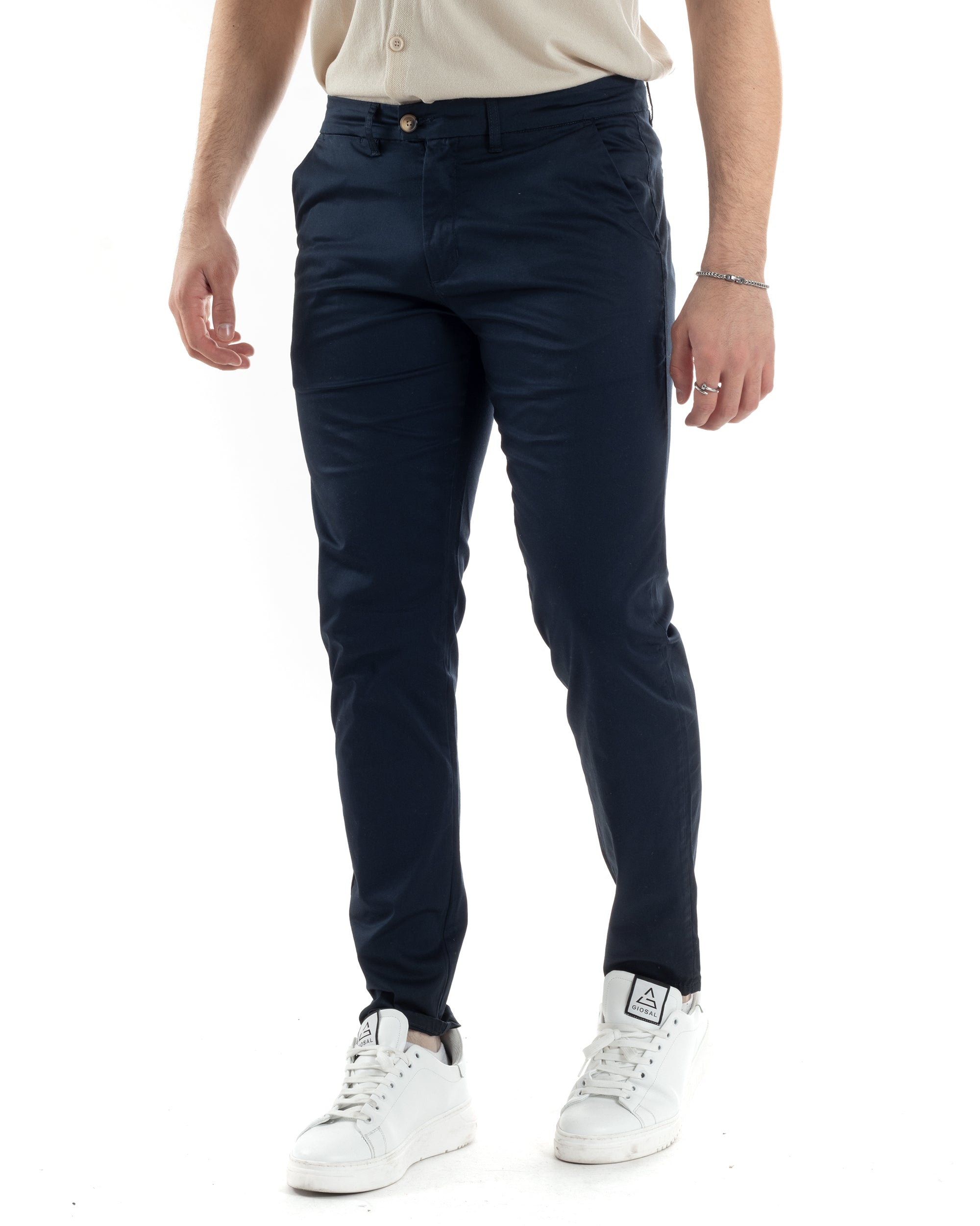 Pantaloni Uomo Cotone Raso Tasca America Slim Fit Abbottonatura Allungata Tinta Unita Blu GIOSAL-P6063A