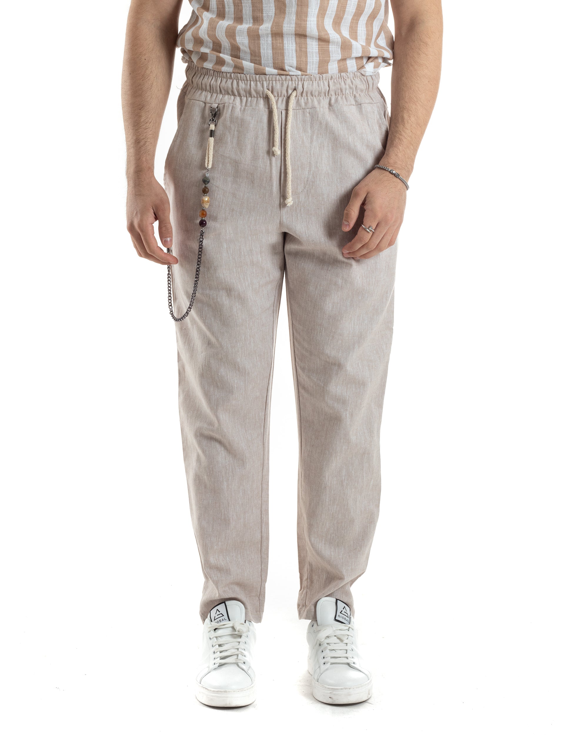 Pantaloni Uomo Pantalaccio Lino Jogger Elastico Sartoriale Casual Tinta Unita Beige Melangiato GIOSAL-P6066A