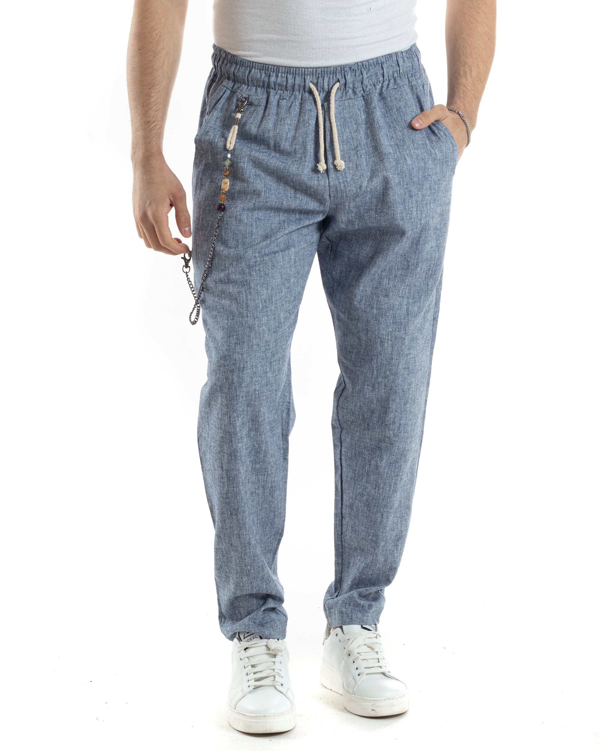 Pantaloni Uomo Pantalaccio Lino Jogger Con Elastico Sartoriale Casual Tinta Unita Blu Melangiato GIOSAL-P6067A