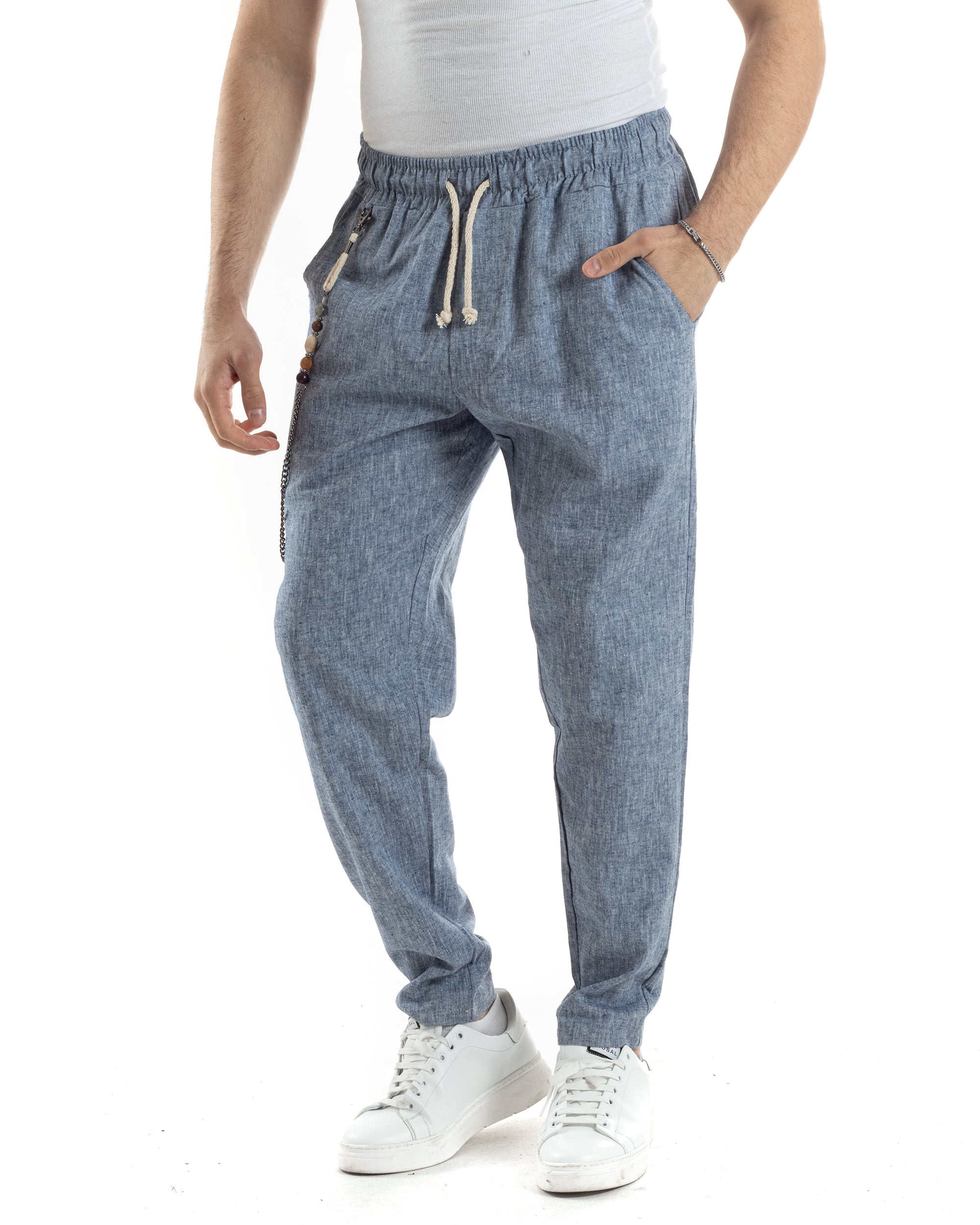 Pantaloni Uomo Pantalaccio Lino Jogger Con Elastico Sartoriale Casual Tinta Unita Blu Melangiato GIOSAL-P6067A