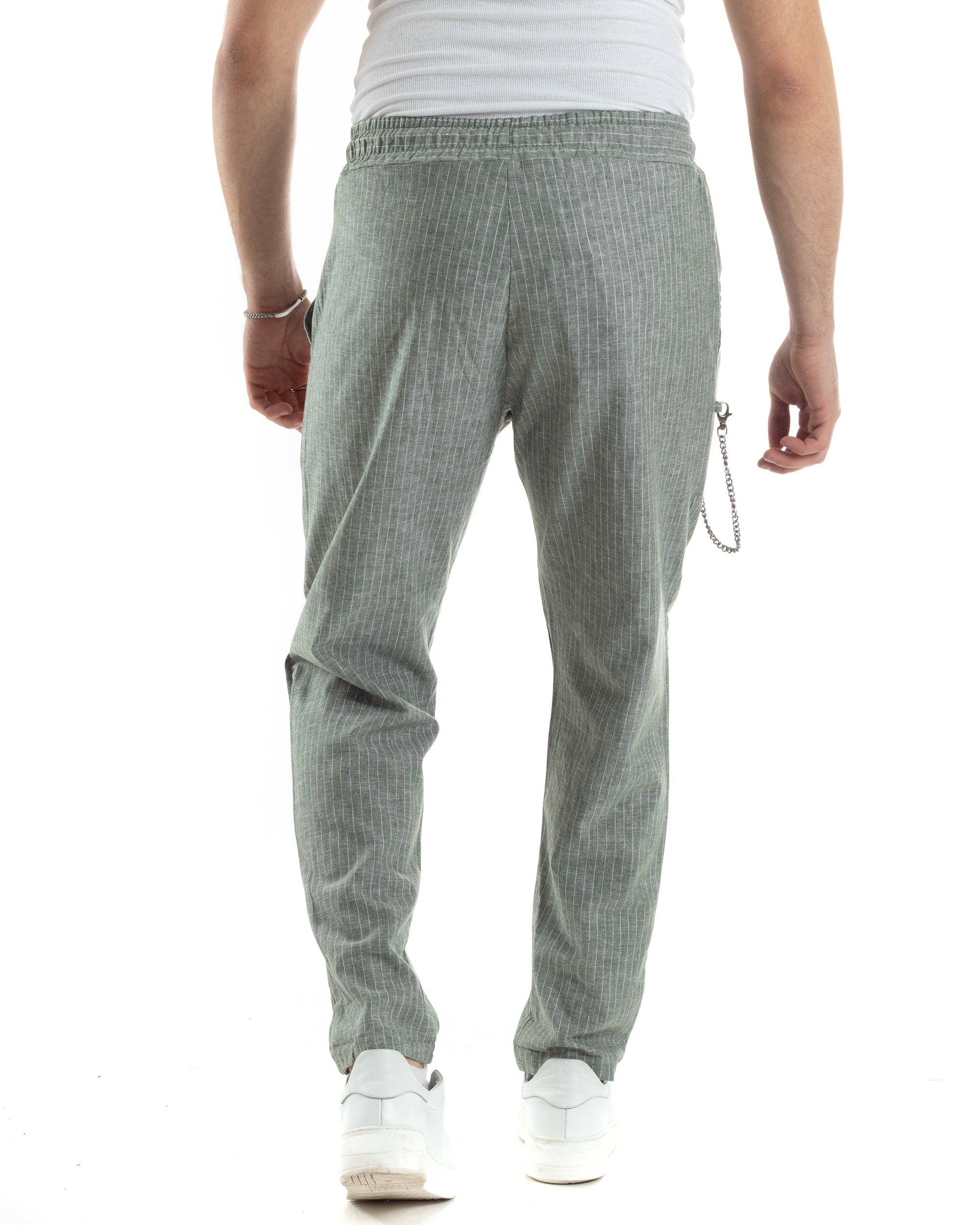 Pantaloni Uomo Pantalaccio Lino Jogger Gessato Con Elastico Sartoriale Casual Rigato Riga Sottile Verde GIOSAL-P6075A