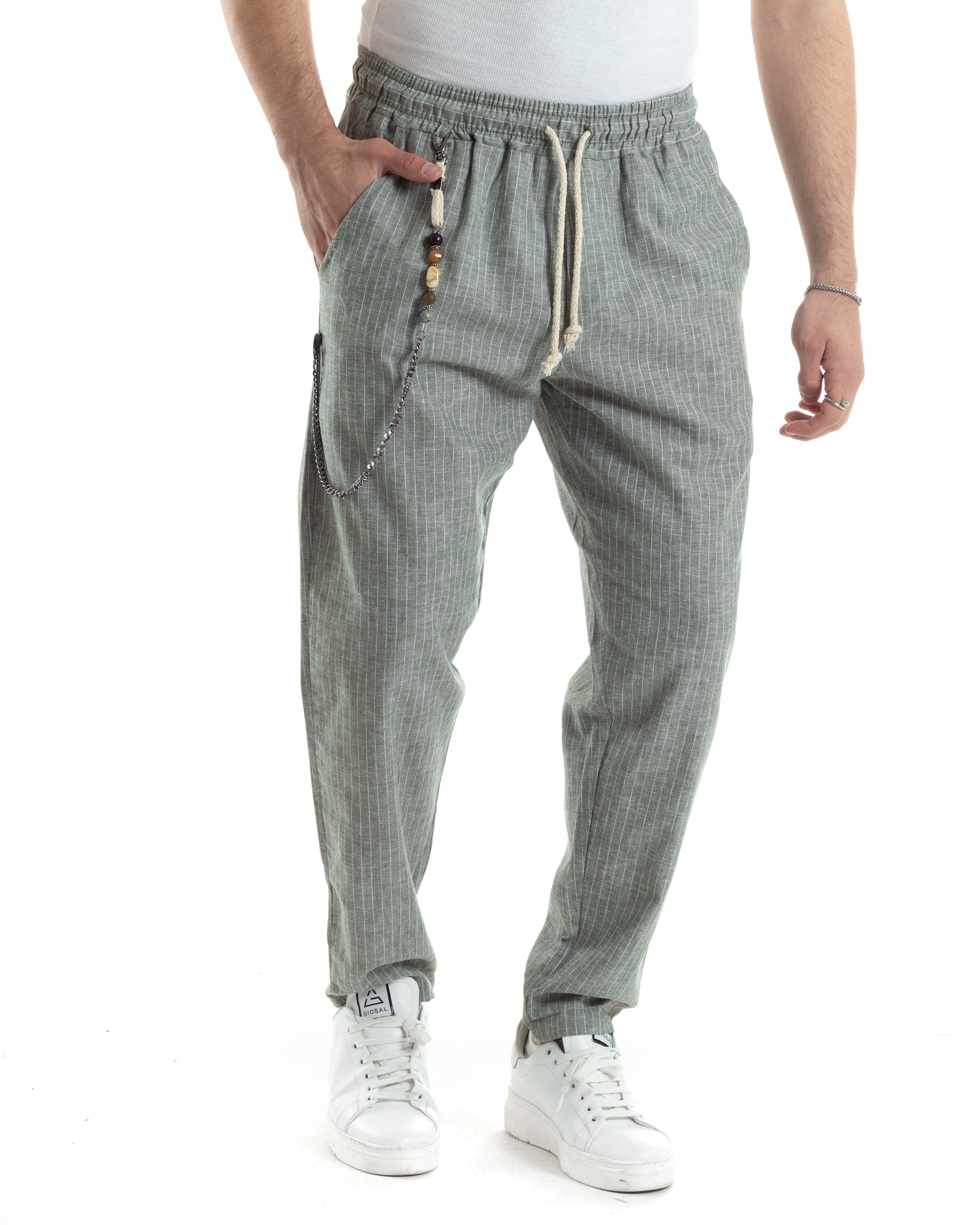 Pantaloni Uomo Pantalaccio Lino Jogger Gessato Con Elastico Sartoriale Casual Rigato Riga Sottile Verde GIOSAL-P6075A