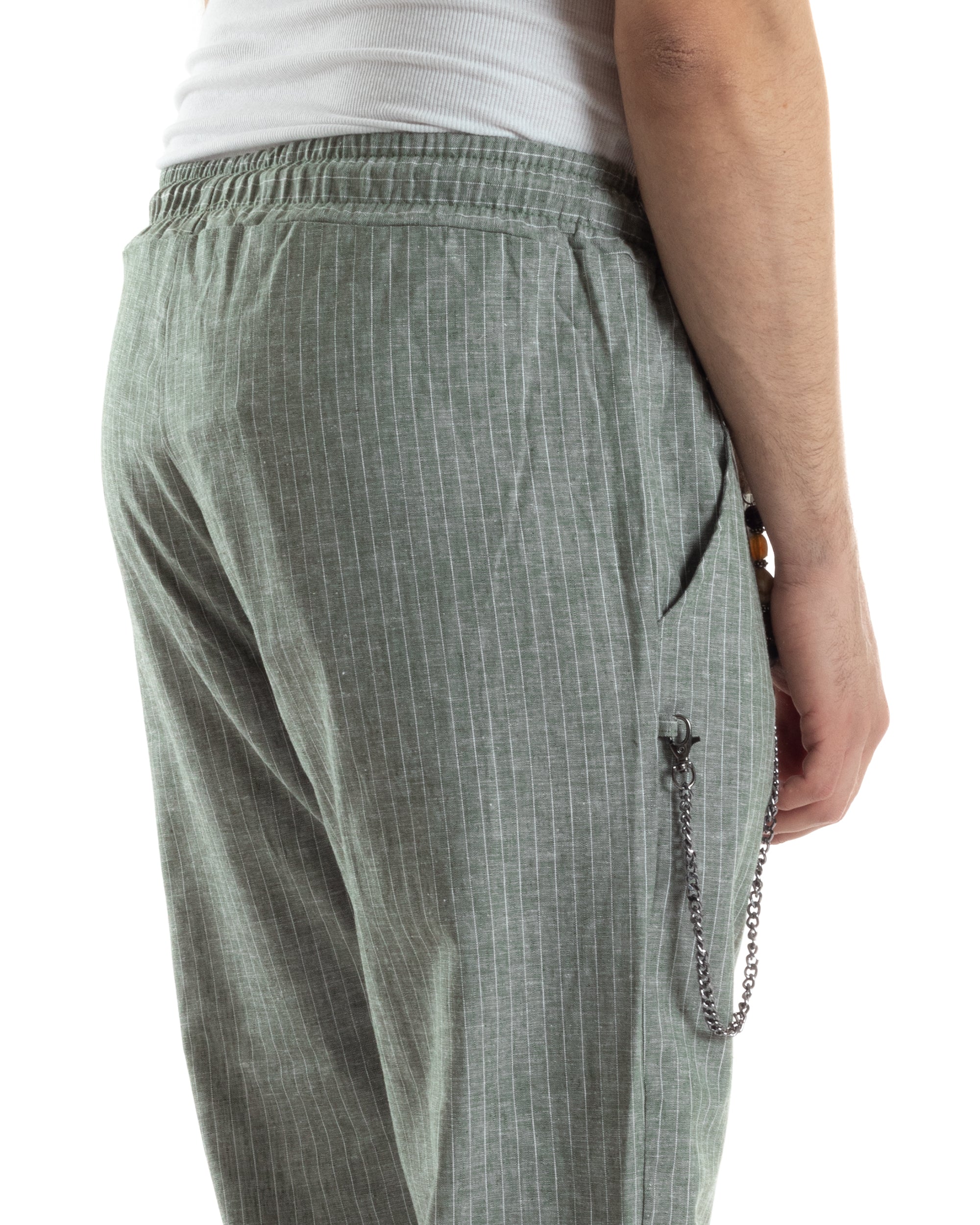 Pantaloni Uomo Pantalaccio Lino Jogger Gessato Con Elastico Sartoriale Casual Rigato Riga Sottile Verde GIOSAL-P6075A