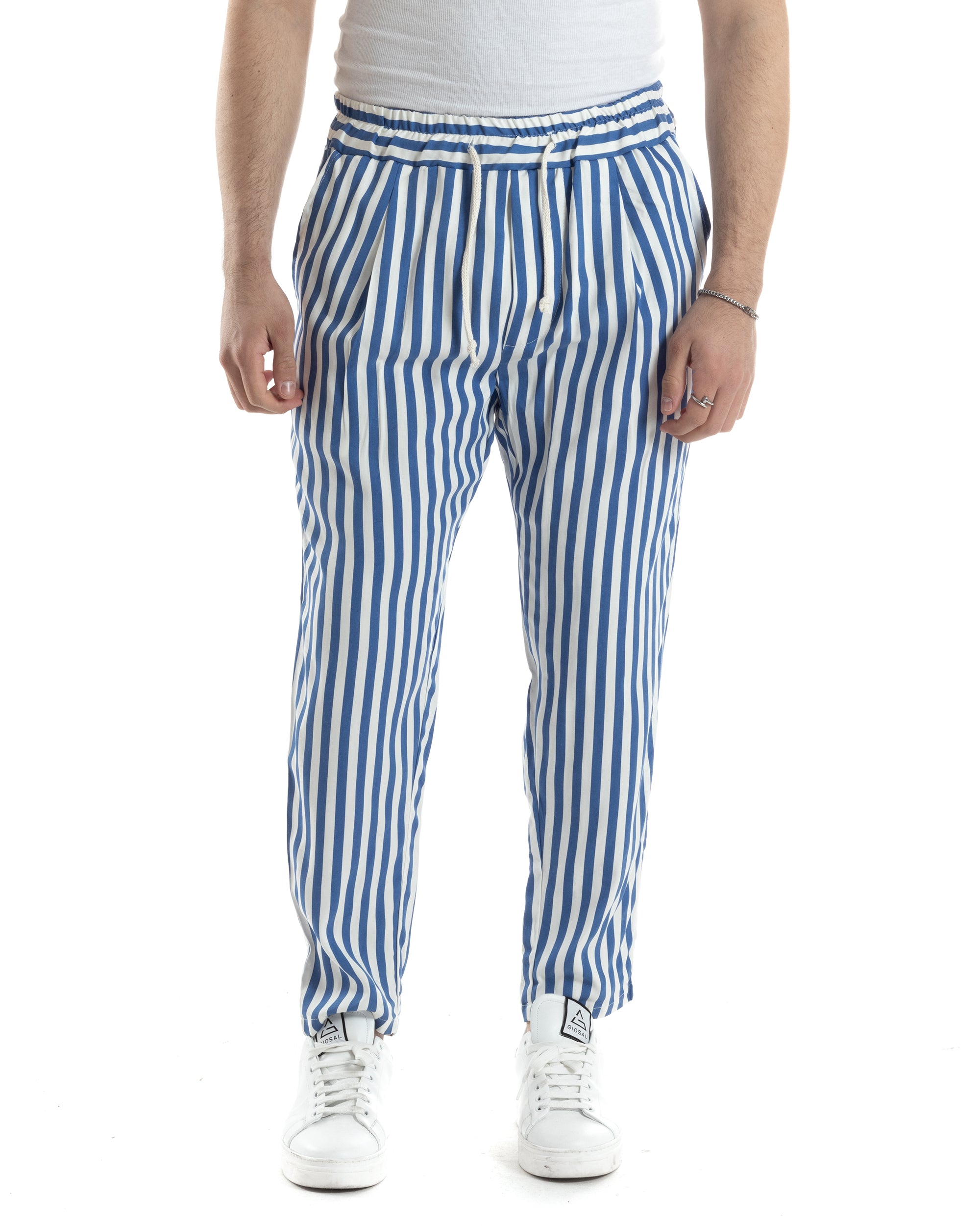 Men's Long Elastic Narrow Stripe Drawstring Waist Cotton Trousers Paul Barrell Light Blue GIOSAL- P5871A