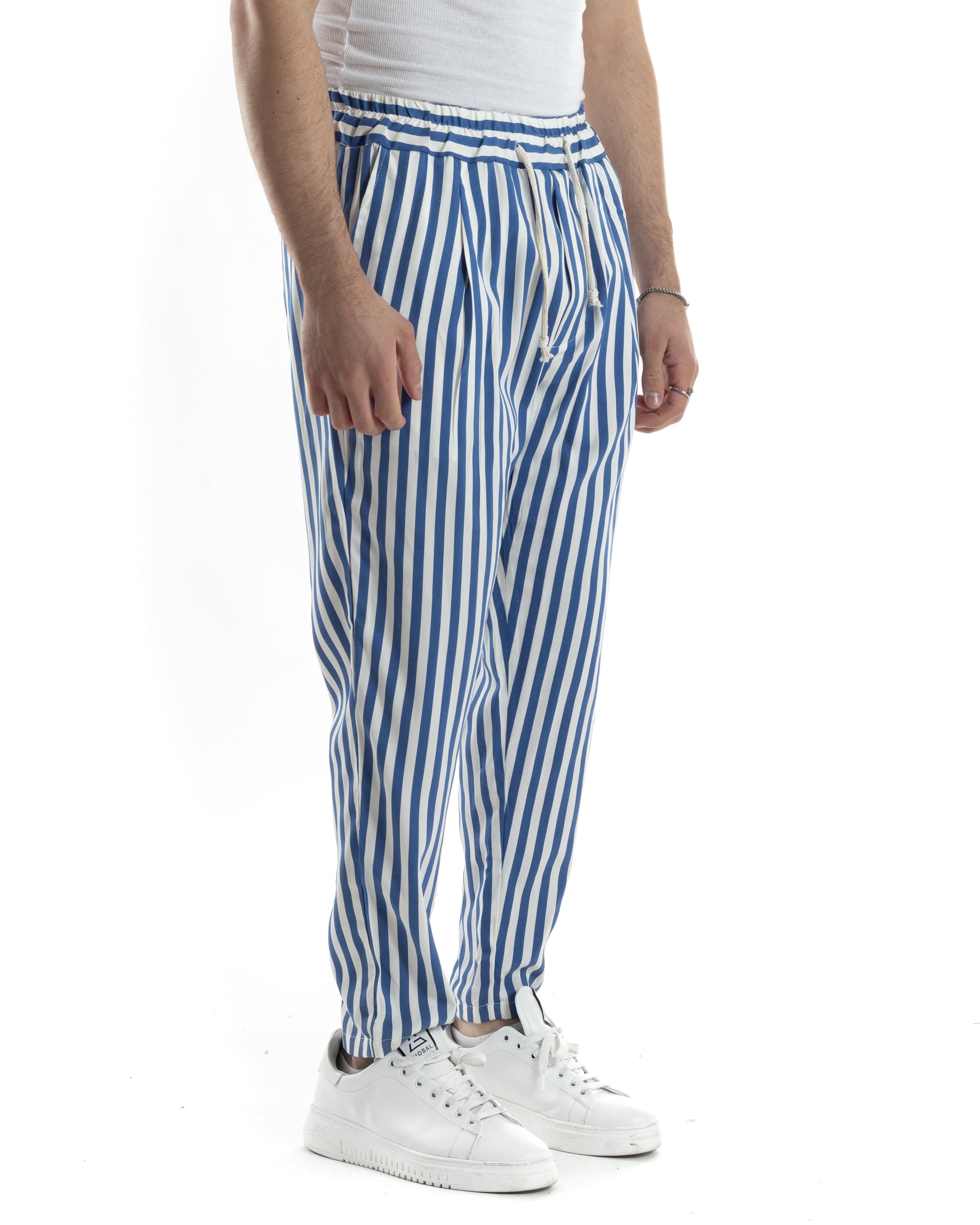 Men's Long Elastic Narrow Stripe Drawstring Waist Cotton Trousers Paul Barrell Light Blue GIOSAL- P5871A