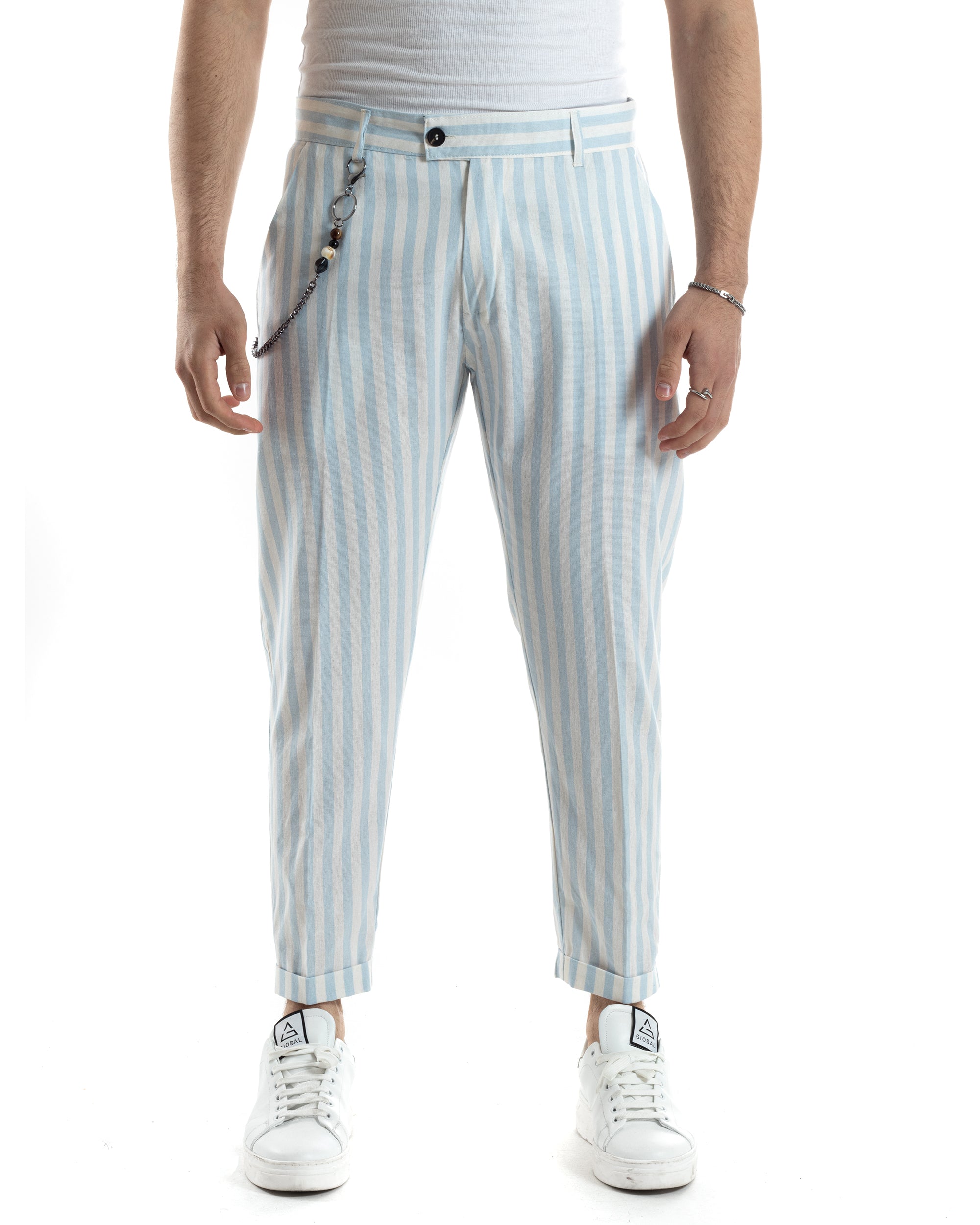 Pantaloni Uomo Lino Tasca America Classico Con Abbottonatura Allungata Casual Sartoriale Rigato Gessato Celeste GIOSAL-P6080A