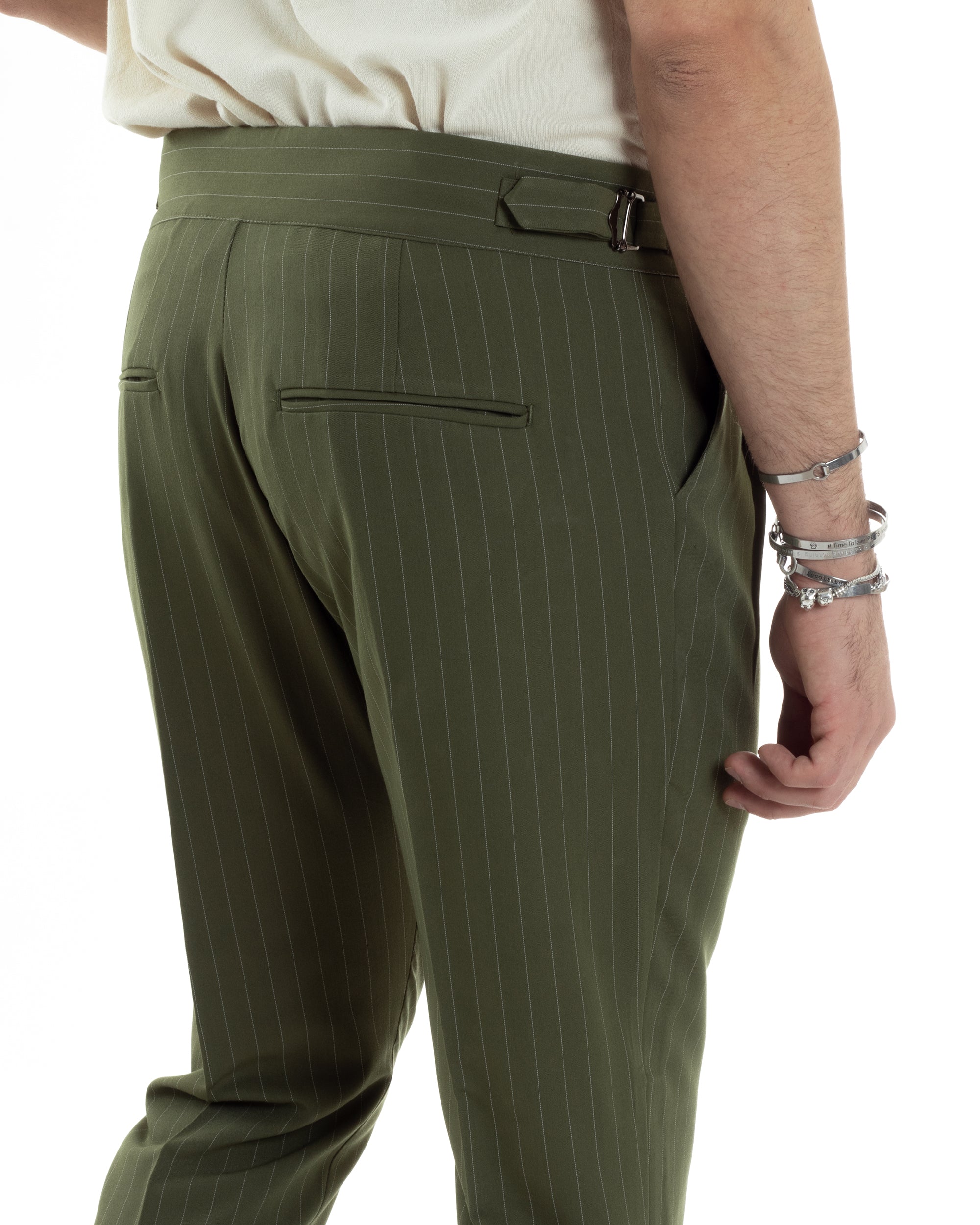 Pantaloni Uomo Classico Gessato Rigato Vita Alta Pinces Abbottonatura Allungata Fibbia Casual Verde GIOSAL-P6083A