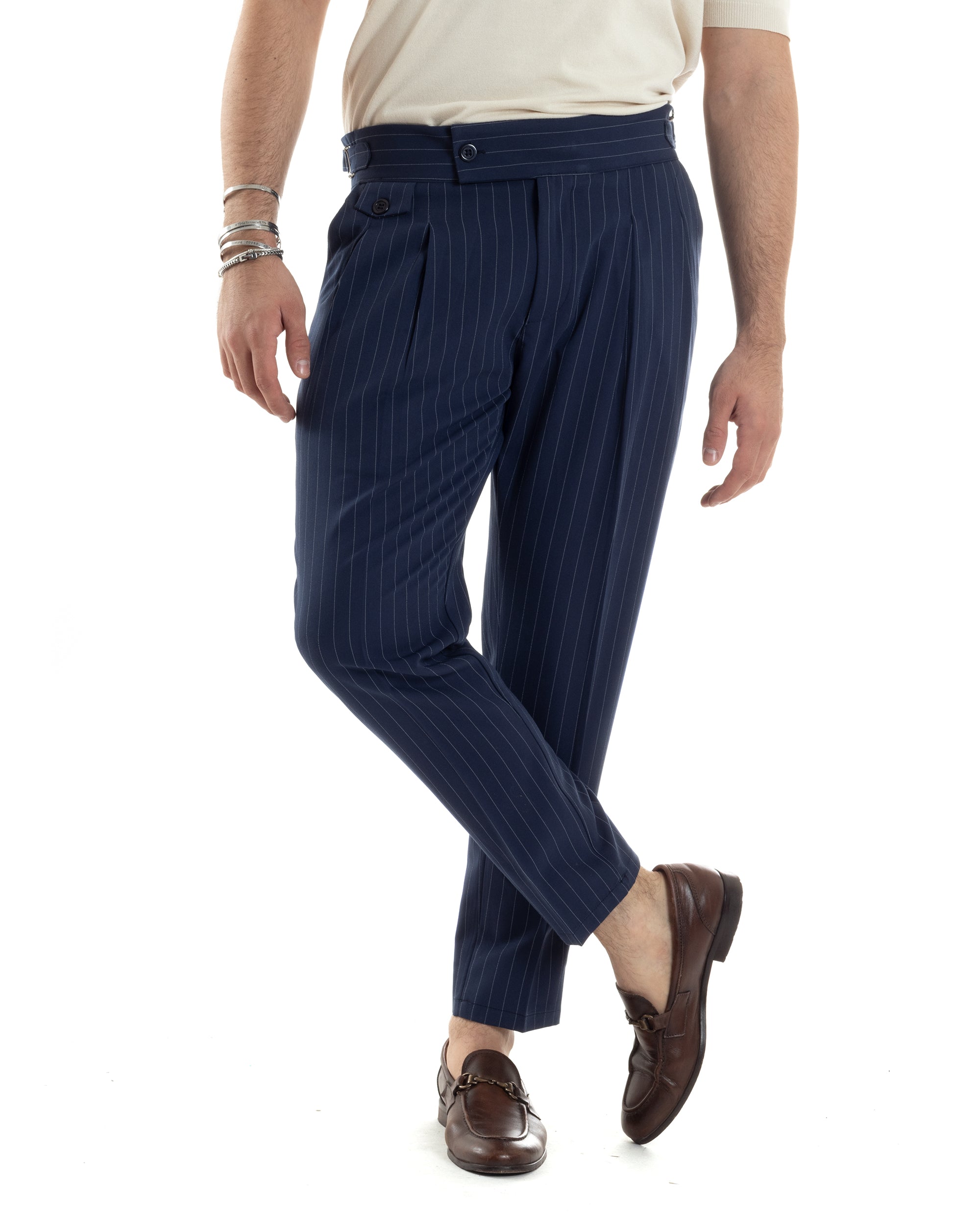 Pantaloni Uomo Classico Gessato Rigato Vita Alta Pinces Abbottonatura Allungata Fibbia Casual Blu GIOSAL-P6084A