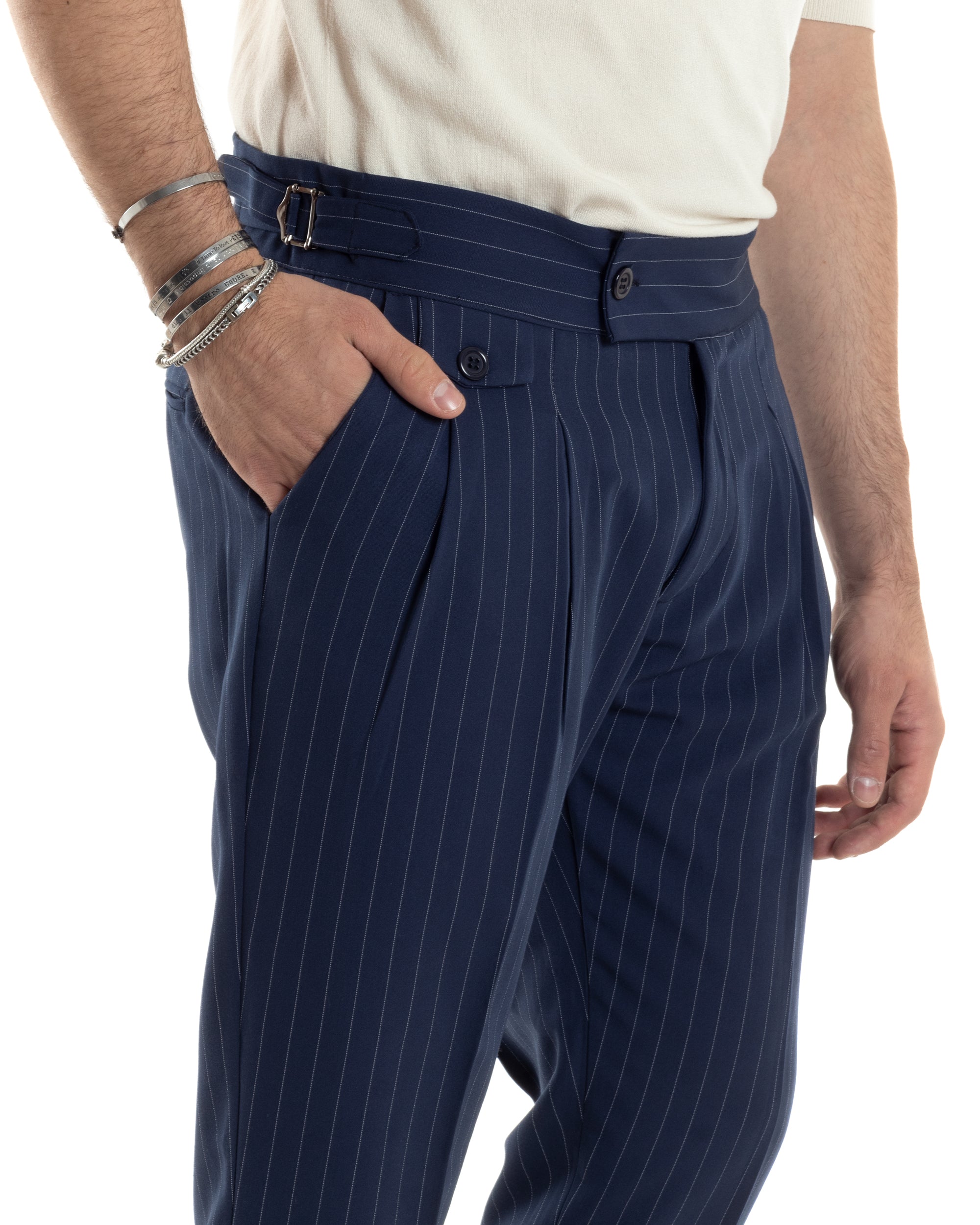 Pantaloni Uomo Classico Gessato Rigato Vita Alta Pinces Abbottonatura Allungata Fibbia Casual Blu GIOSAL-P6084A