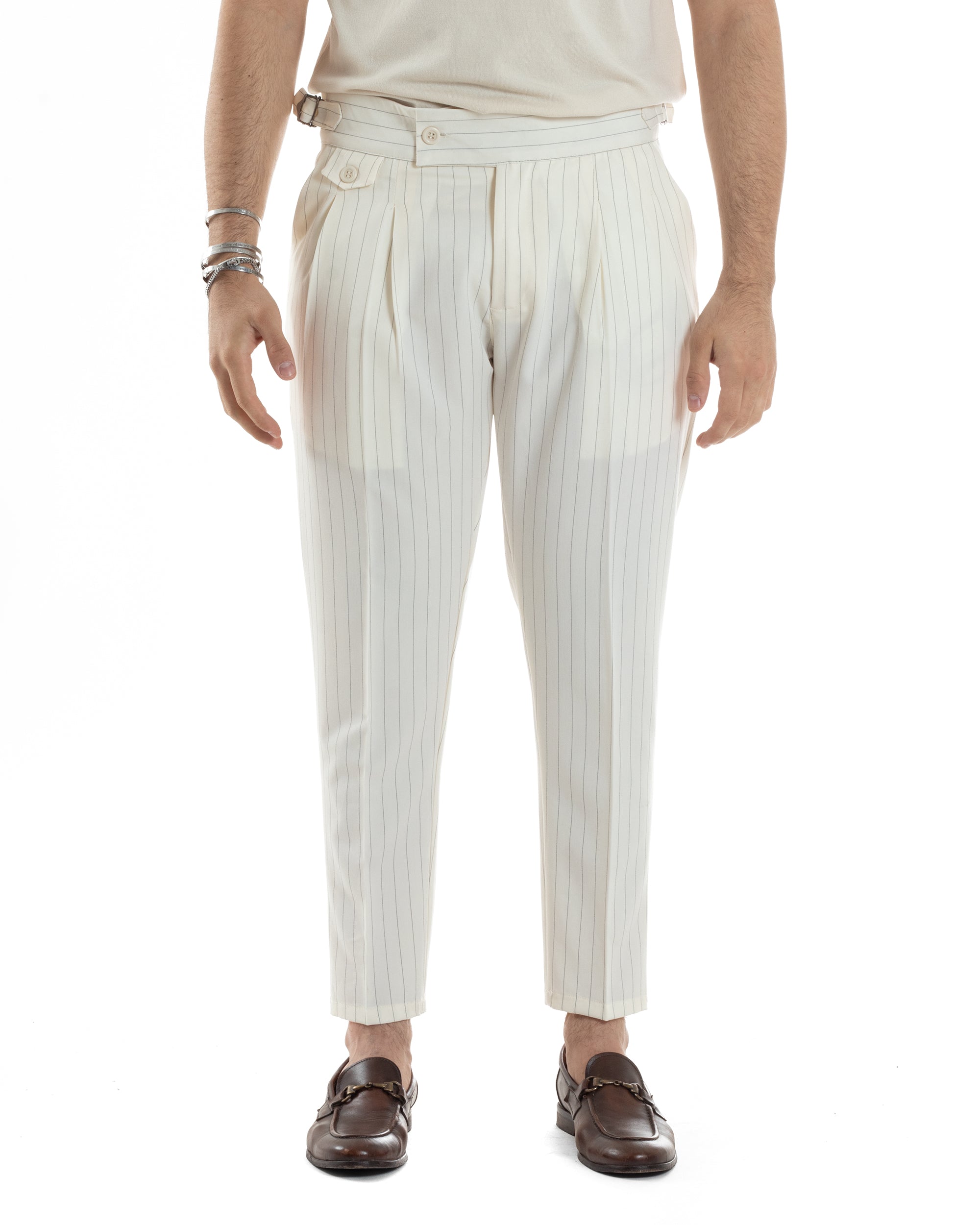 Pantaloni Uomo Classico Gessato Rigato Vita Alta Pinces Abbottonatura Allungata Fibbia Casual Bianco GIOSAL-P6085A