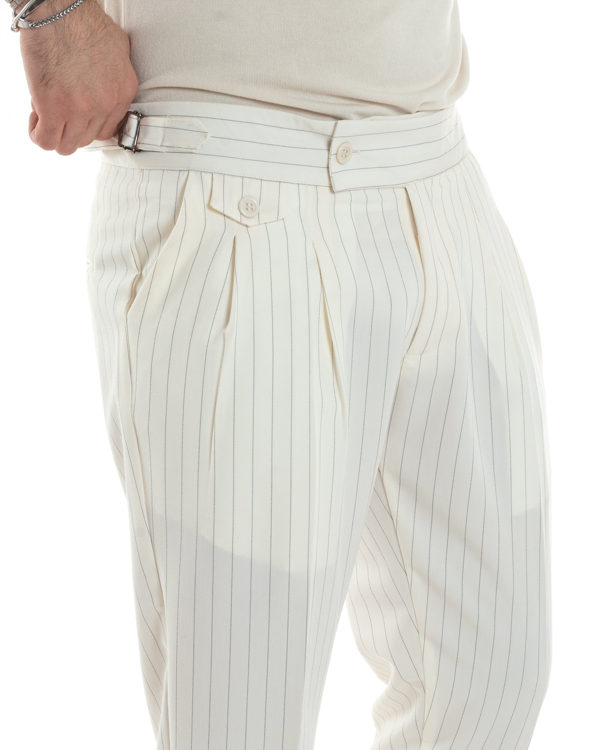 Pantaloni Uomo Classico Gessato Rigato Vita Alta Pinces Abbottonatura Allungata Fibbia Casual Bianco GIOSAL-P6085A