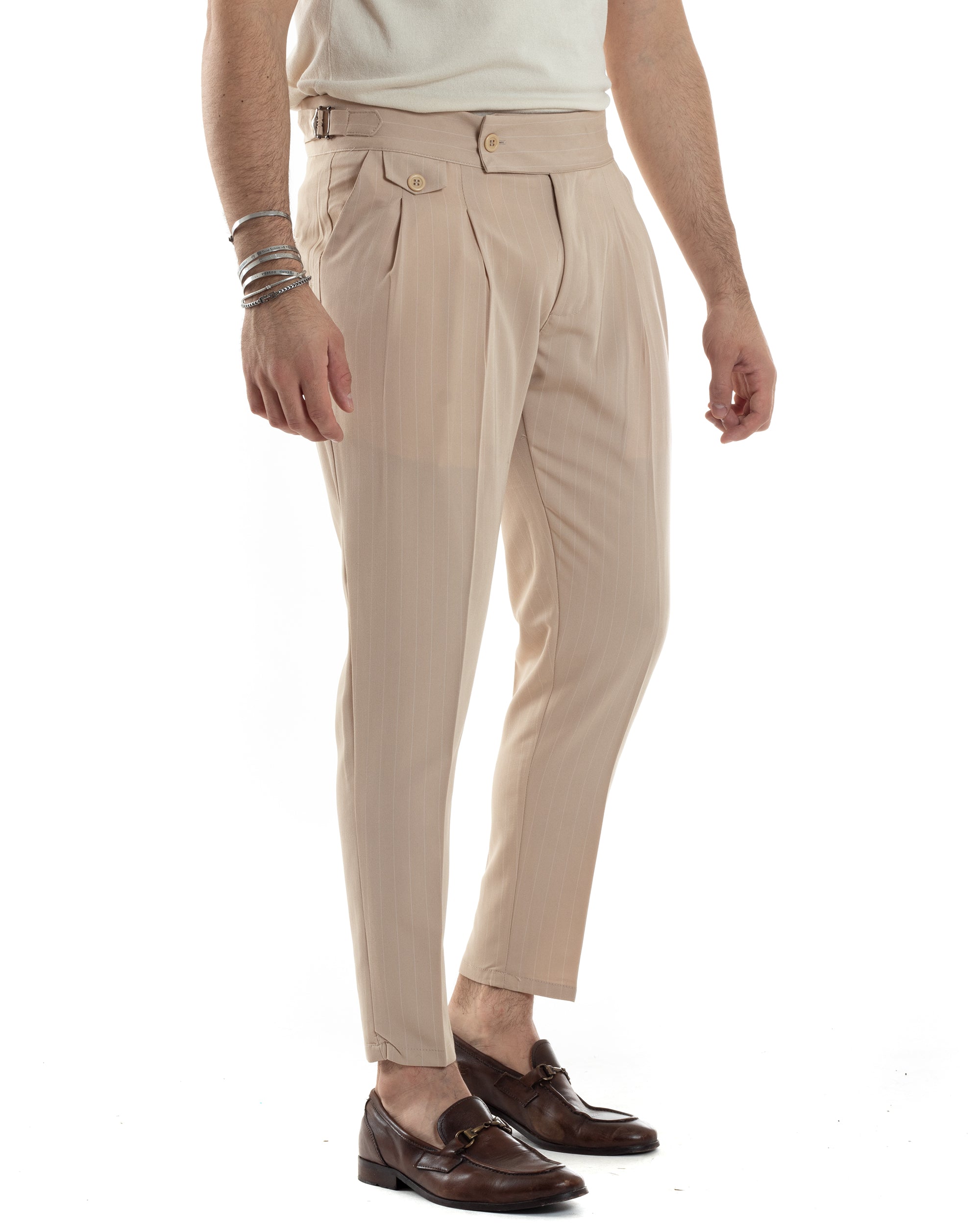 Pantaloni Uomo Classico Gessato Rigato Vita Alta Pinces Abbottonatura Allungata Fibbia Casual Beige GIOSAL-P6087A
