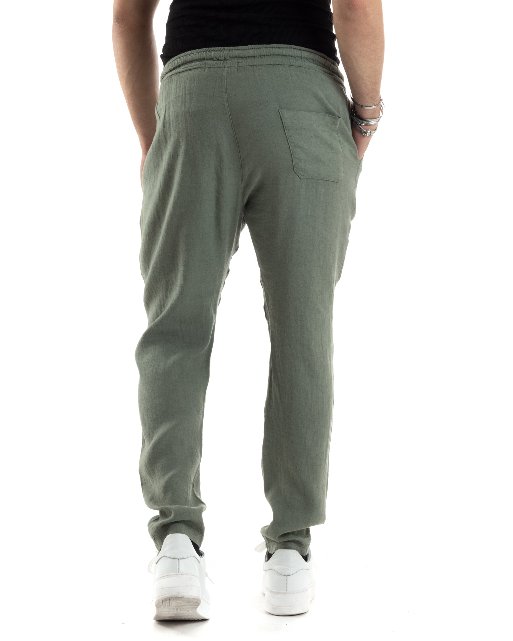 Pantaloni Uomo Lino Pantalaccio Lungo Elastico Regular Fit Tinta Unita Verde Casual GIOSAL-P6097A
