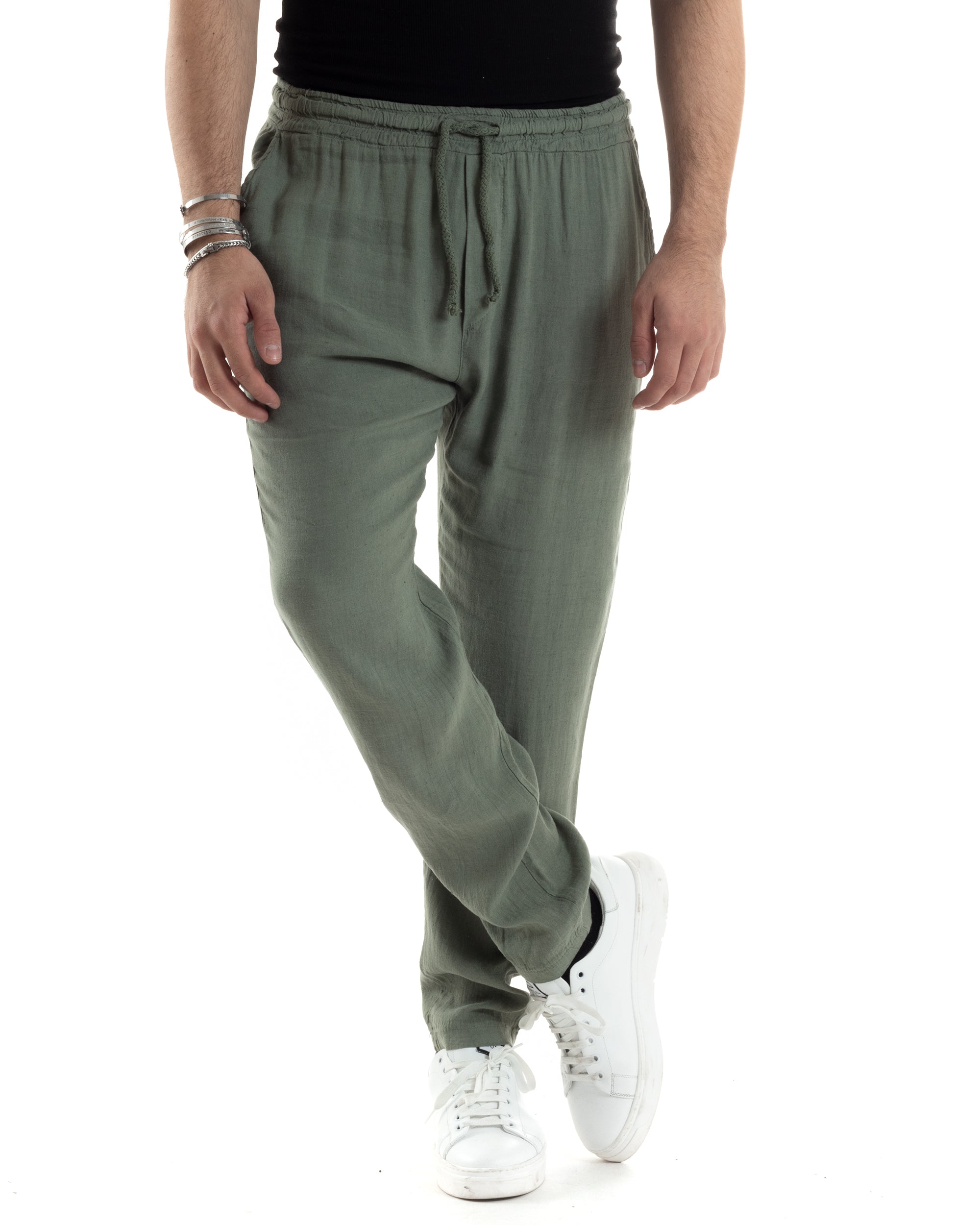 Men's Linen Wide Leg Solid Color Long Elastic Waist Trousers Green Casual GIOSAL-P5825A