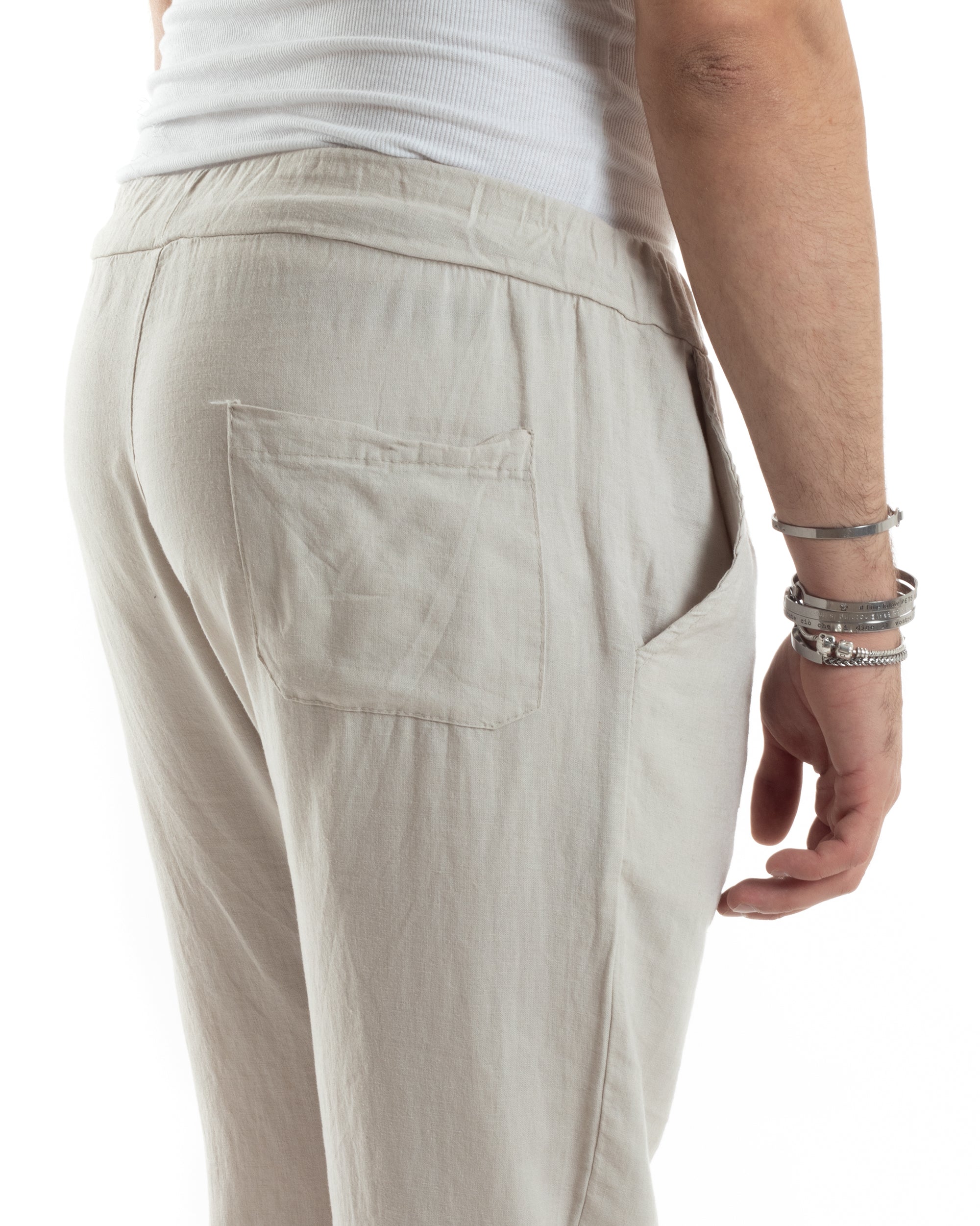 Pantaloni Uomo Lino Pantalaccio Lungo Elastico Regular Fit Tinta Unita Beige Casual GIOSAL-P6098A
