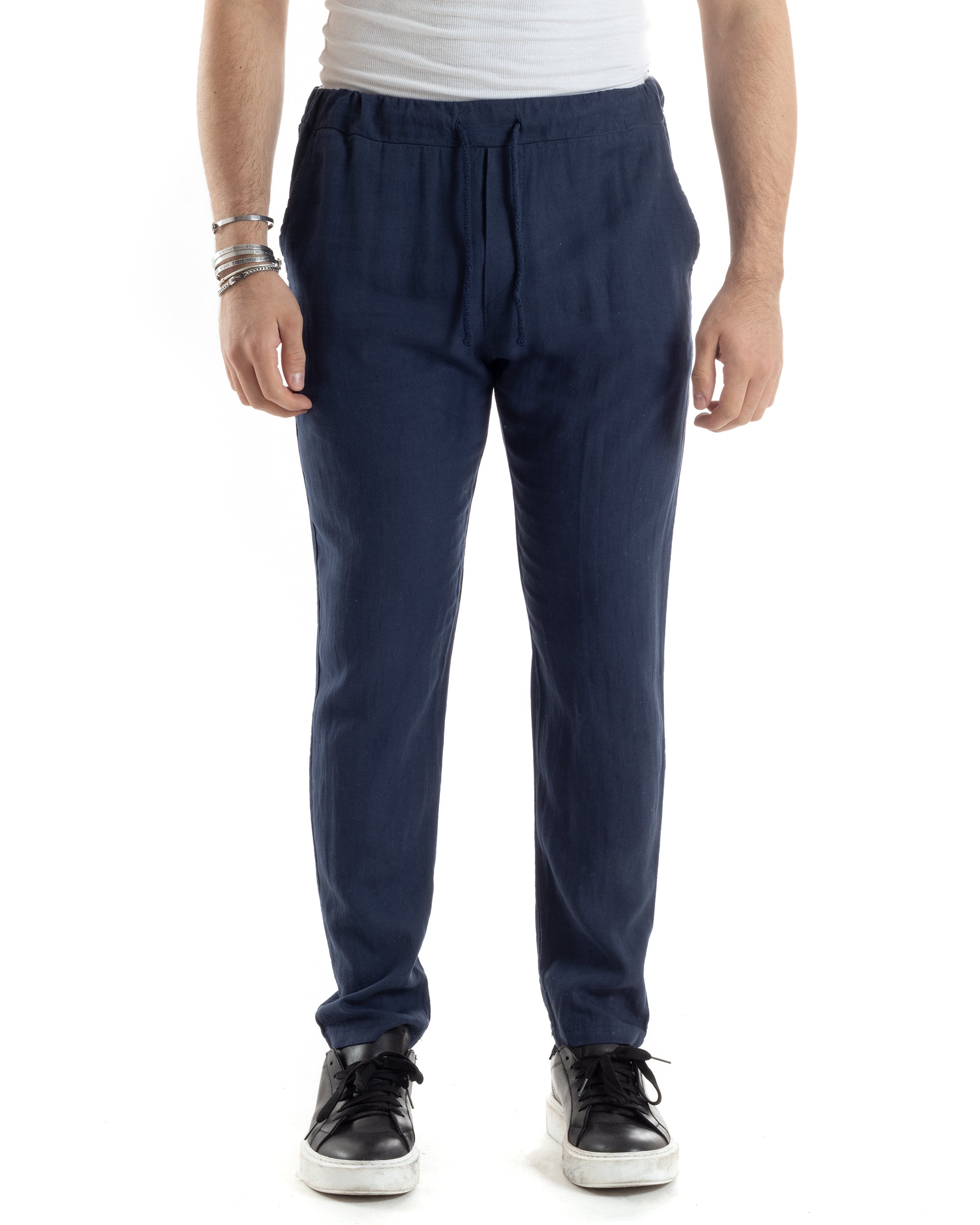 Pantaloni Uomo Lino Pantalaccio Lungo Elastico Regular Fit Tinta Unita Blu Casual GIOSAL-P6099A